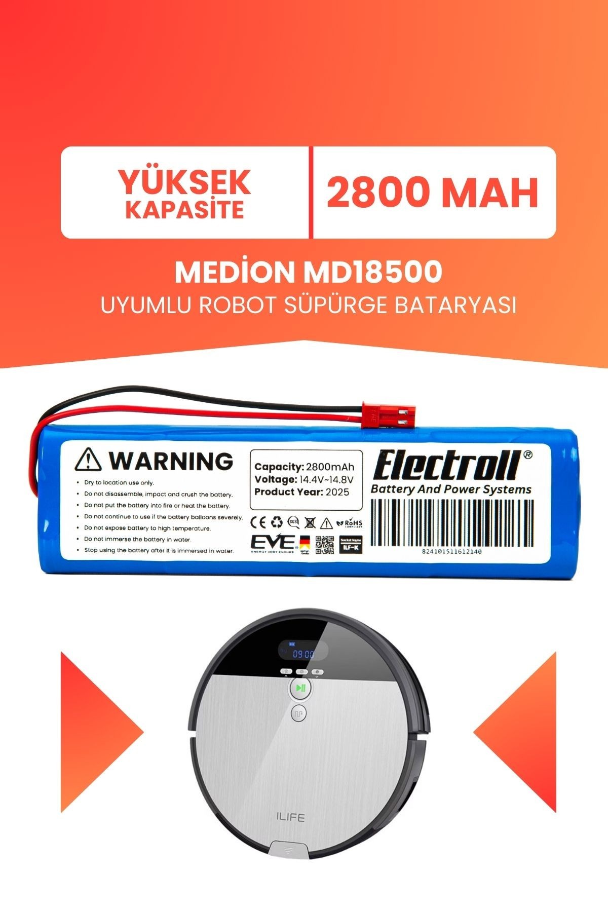 Medion Md18500 Uyumlu Batarya (YÜKSEK KAPASİTE) 2800mah Pil Robot Süpürge Bataryası Değişimi