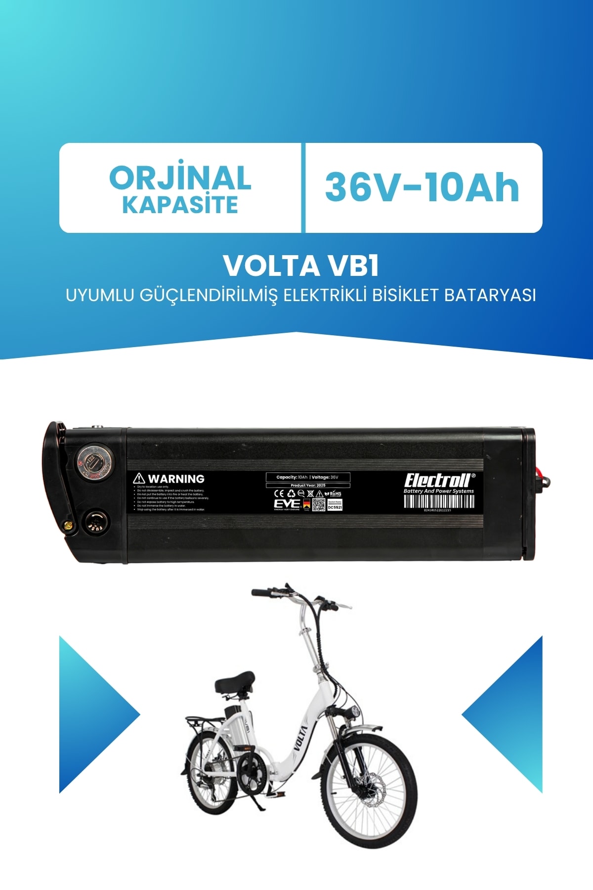 Volta Vb1 Uyumlu Güçlendirilmiş Elektrikli Bisiklet Bataryası