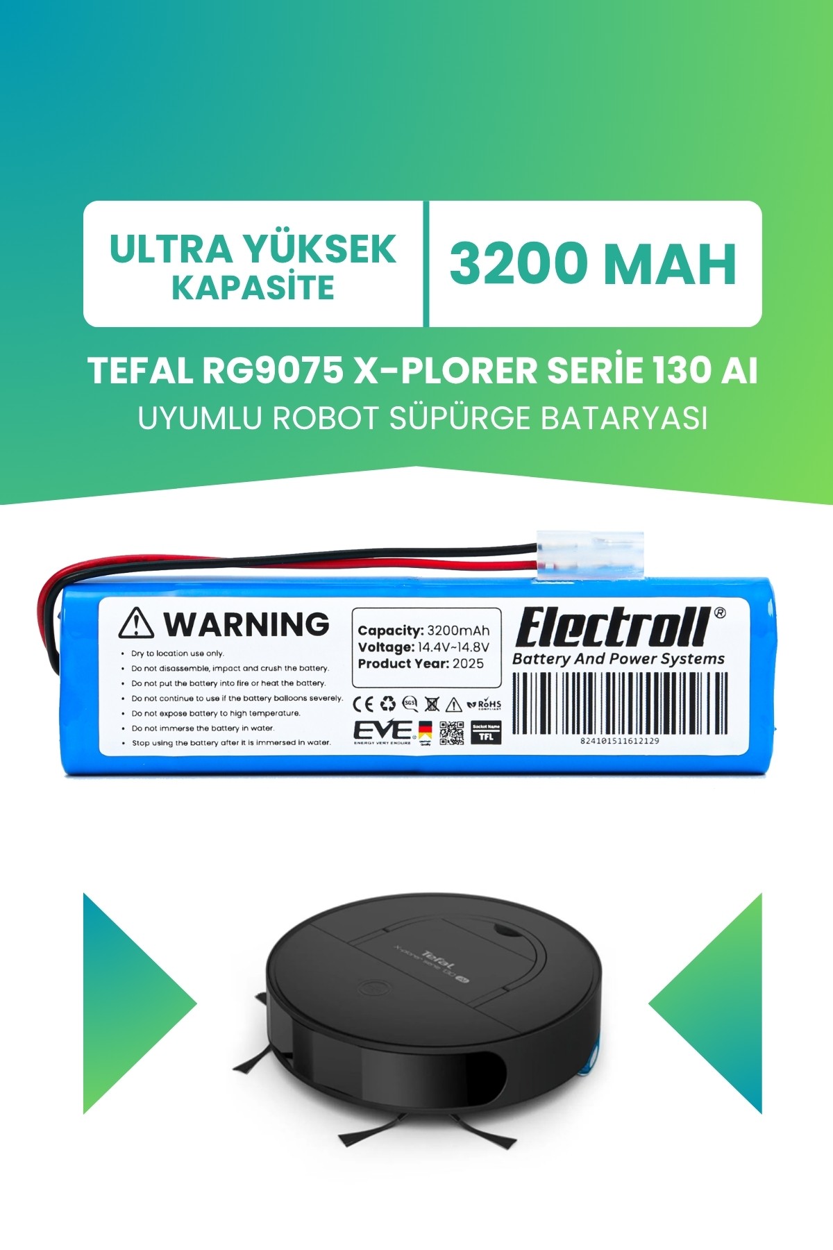Tefal RG9075 X-Plorer Serie 130 AI Uyumlu Batarya (ULTRA YÜKSEK KAPASİTE) 3200mah Pil Robot Süpürge Bataryası