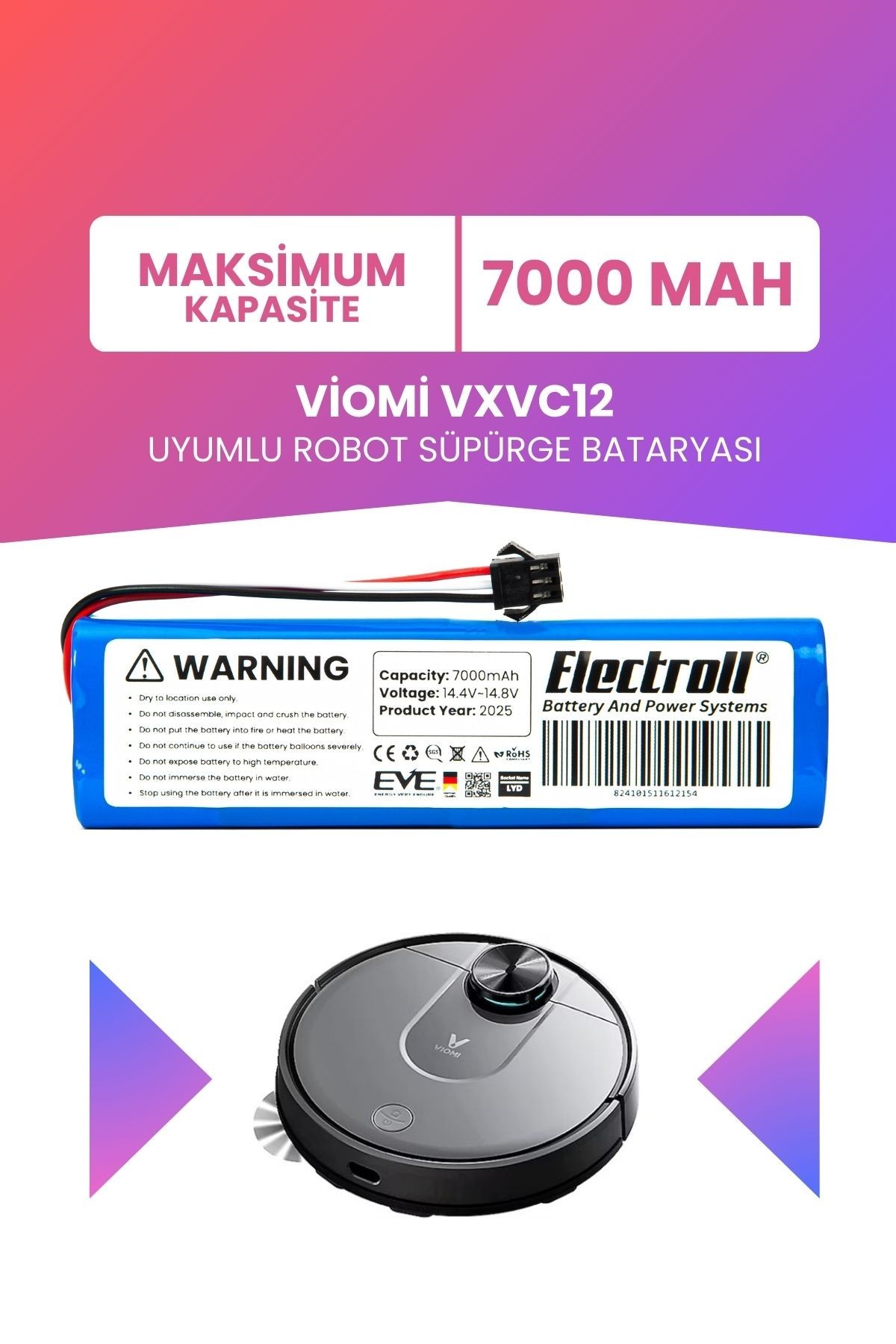 Viomi Vxvc12 Uyumlu Batarya (MAKSİMUM KAPASİTE) 7000mah Pil Robot Süpürge Bataryası Değişimi