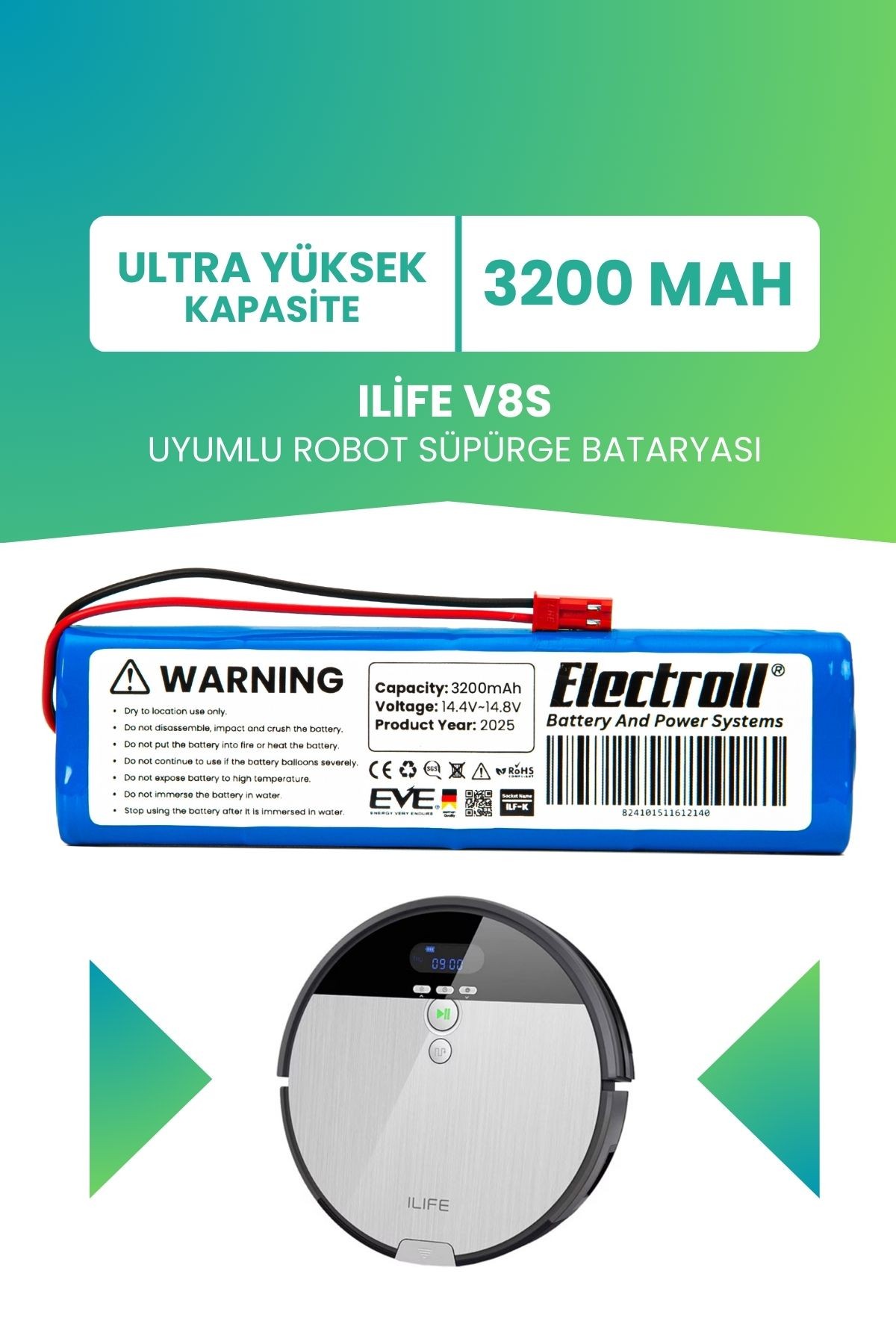 Ilife V8s Uyumlu Batarya (ULTRA YÜKSEK KAPASİTE) 3200mah Pil Robot Süpürge Bataryası Değişimi