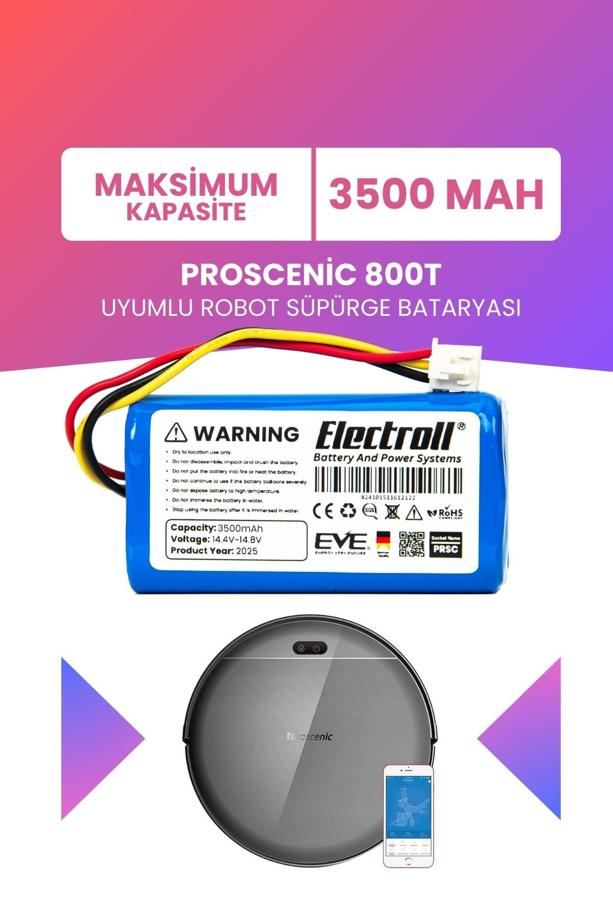 Proscenic 800t Uyumlu Batarya (MAKSİMUM KAPASİTE) 3500mah Pil Robot Süpürge Bataryası Değişimi
