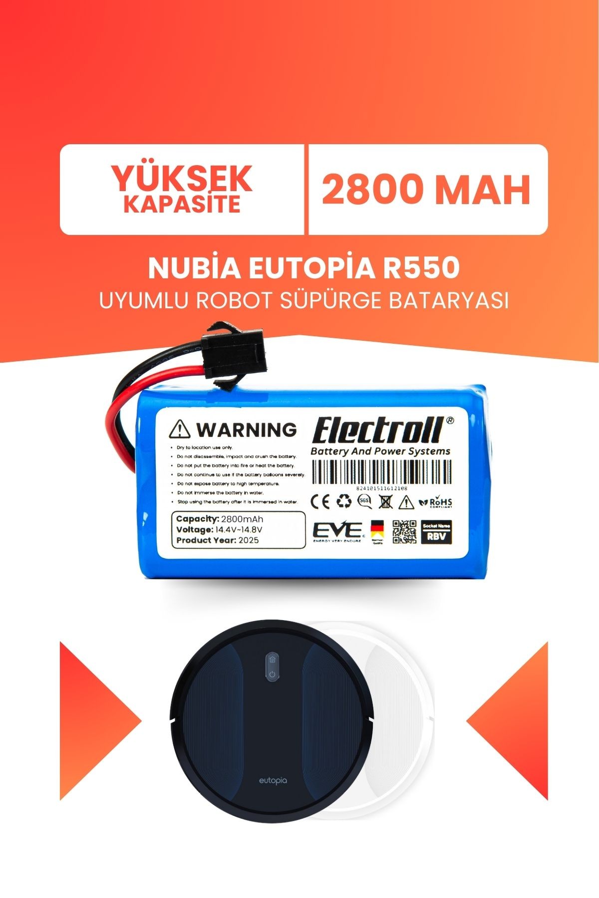 Nubia Eutopia R550 Uyumlu Batarya (YÜKSEK KAPASİTE) 2800mah Pil Robot Süpürge Bataryası