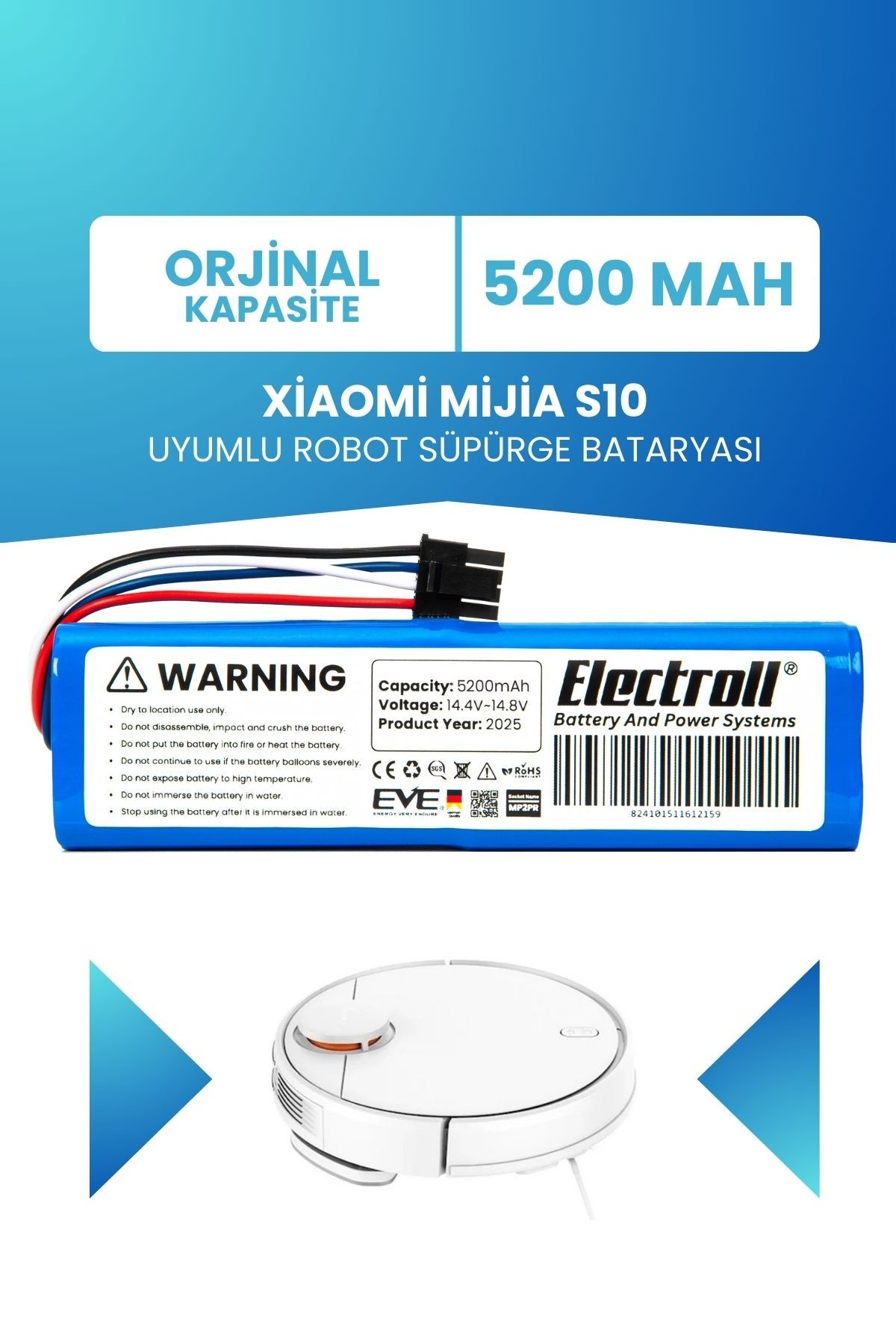 Xiaomi Mijia S10 Uyumlu Batarya (ORJİNAL KAPASİTE) 5200mah Pil Robot Süpürge Bataryası BHR6388GB