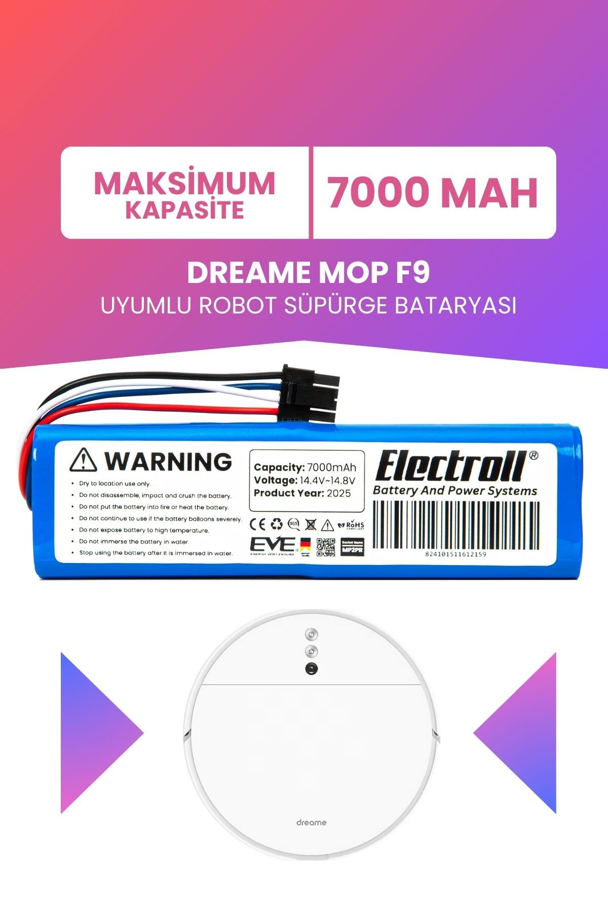 Dreame Mop F9 Uyumlu Batarya (MAKSİMUM KAPASİTE) 7000mah Pil Robot Süpürge Batarya Değişimi