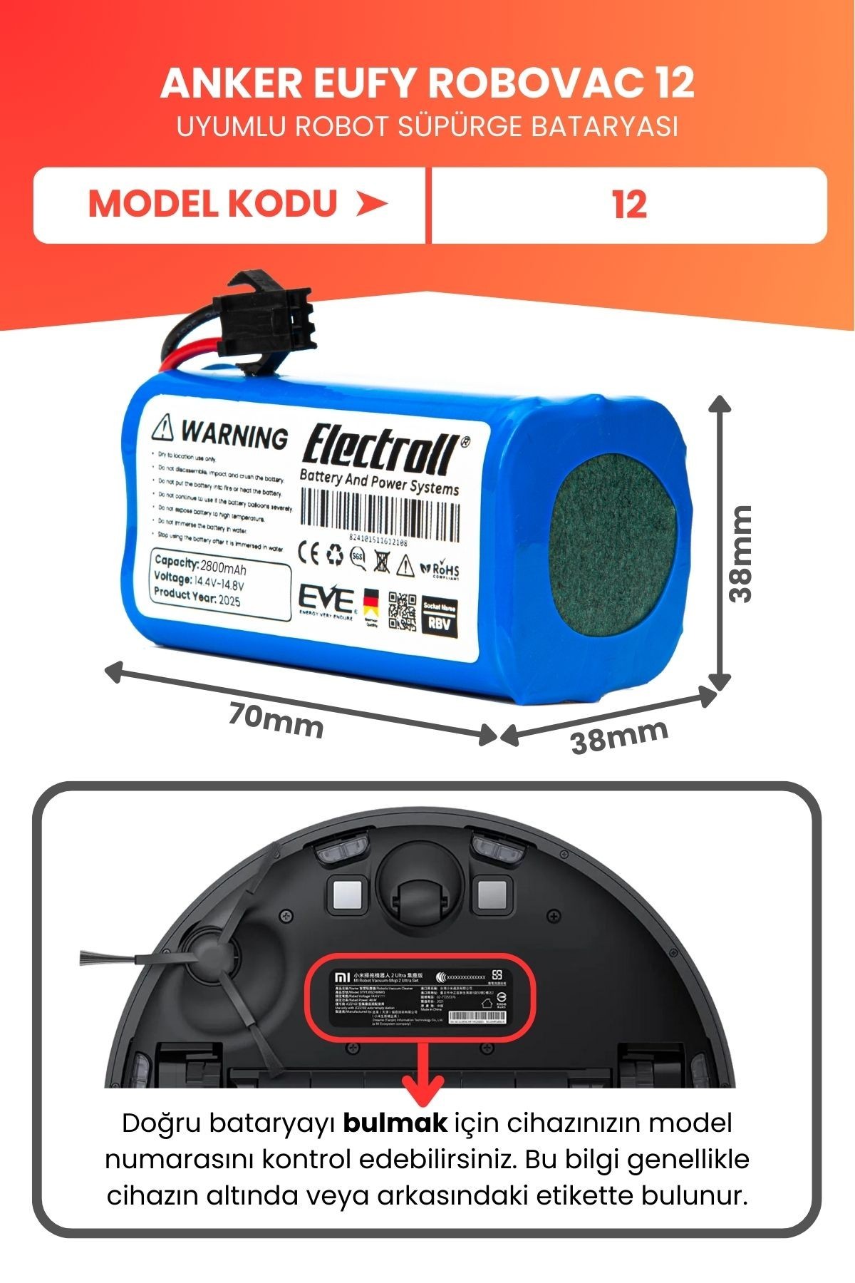 Eufy Robovac 12 Uyumlu Batarya (YÜKSEK KAPASİTE) 2800mah Pil Robot Süpürge Batarya