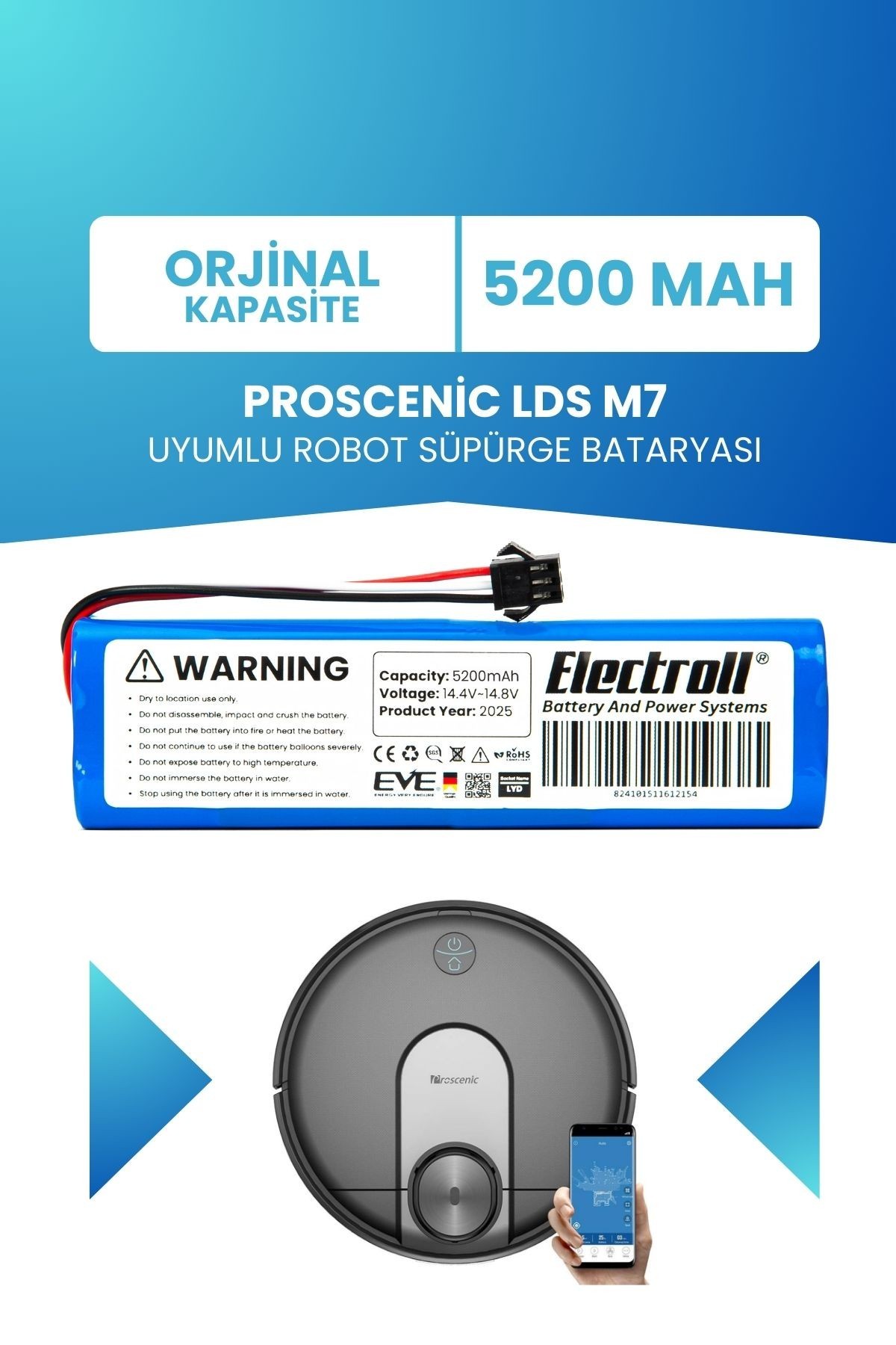 Proscenic LDS M7 Uyumlu Batarya (ORJİNAL KAPASİTE) 5200mah Pil Robot Süpürge Bataryası Değişimi