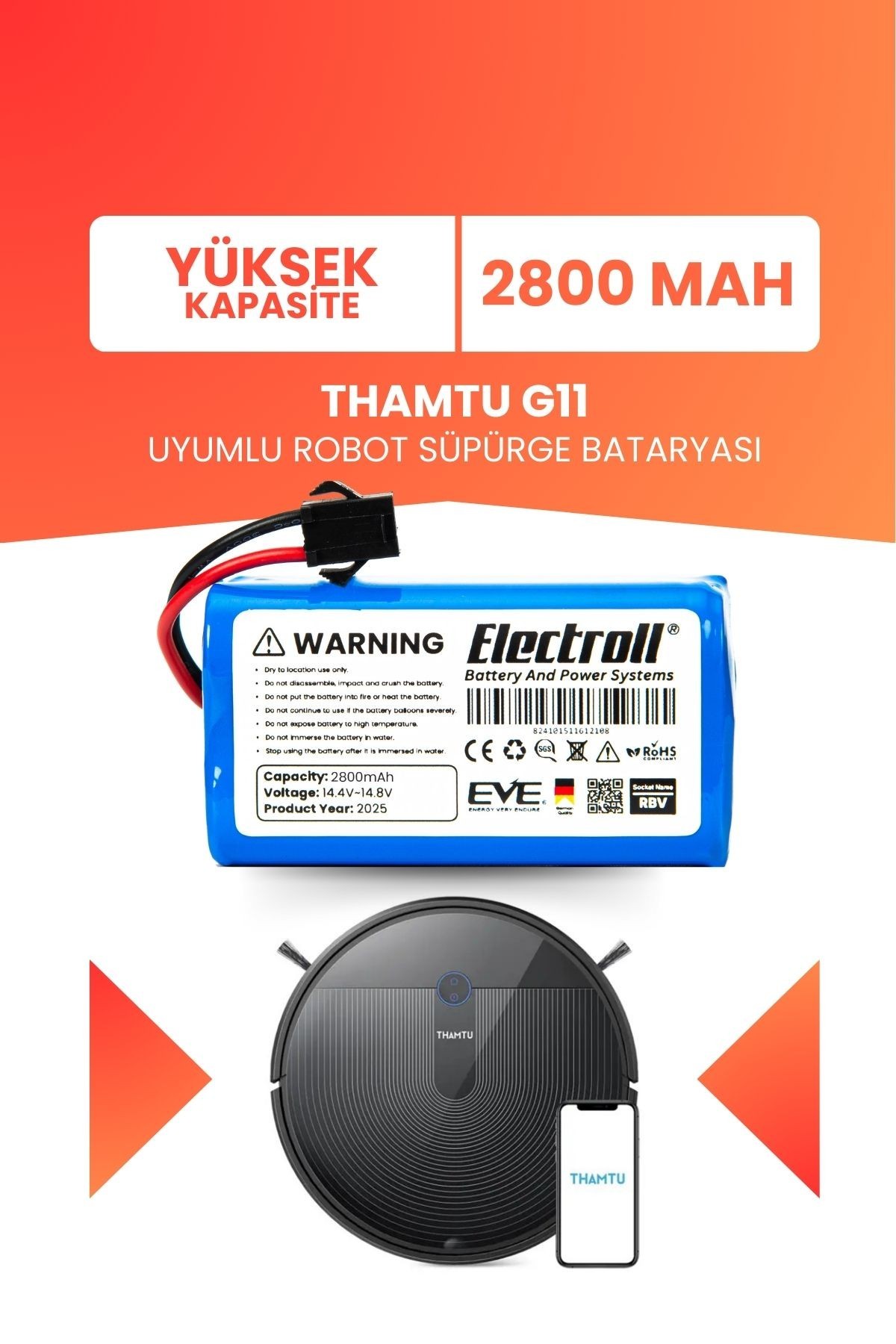 Thamtu G11 Uyumlu Batarya (YÜKSEK KAPASİTE) 2800mah Pil Robot Süpürge Bataryası
