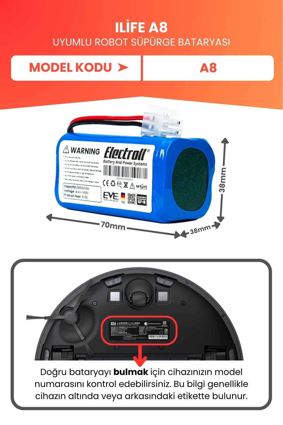 Ilife A8 Uyumlu Batarya (YÜKSEK KAPASİTE) 2800mah Pil Robot Süpürge Bataryası
