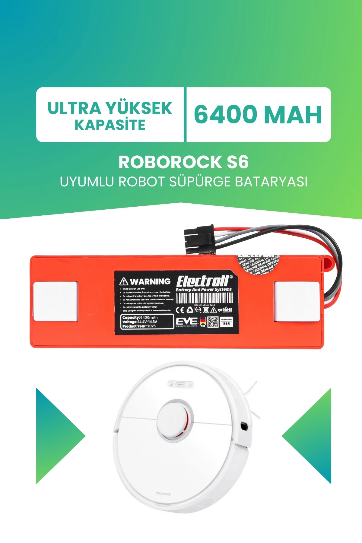 Roborock S6 Uyumlu Batarya (ULTRA YÜKSEK KAPASİTE) 6400mah Kutulu Robot Süpürge Pil Değişimi