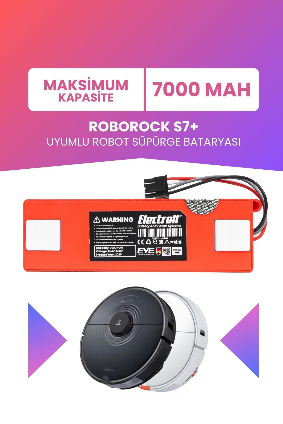 Roborock S7+ Uyumlu Batarya (MAKSİMUM KAPASİTE) 7000mah Pil Robot Süpürge Bataryası Değişimi