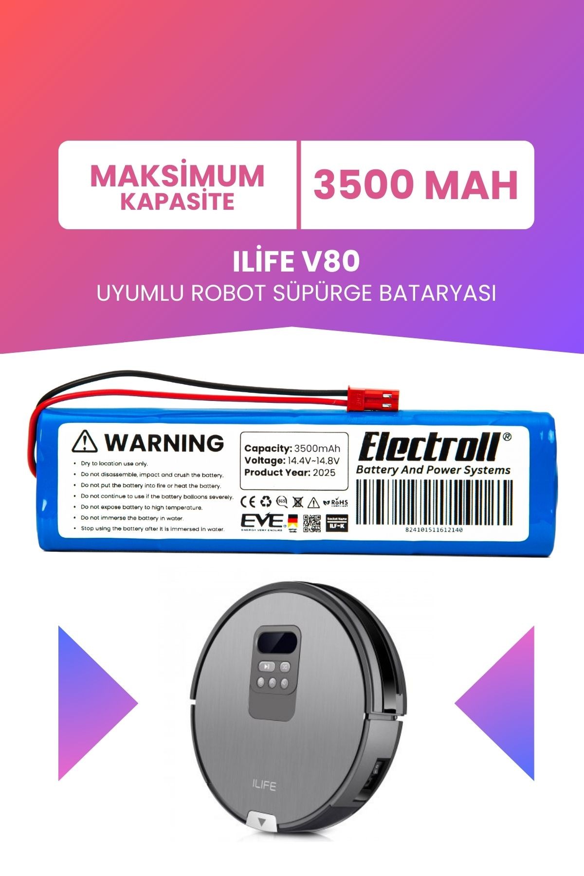 Ilife V80 Uyumlu Batarya (Maksimum Kapasite) 3500MAH Pil Robot Süpürge Batarya Değişimi