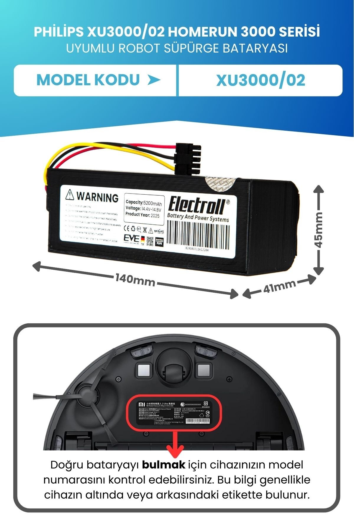 Philips Xu3000/02 Homerun 3000 Serisi Batarya (ORJİNAL KAPASİTE) 5200mah Robot Süpürge Pili
