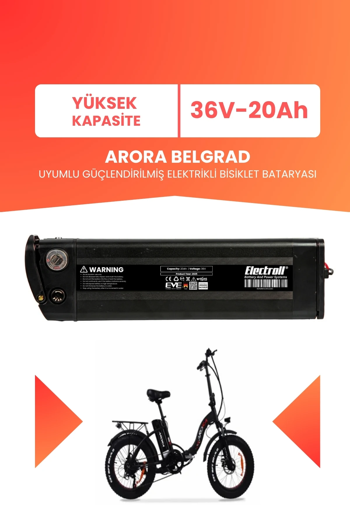 Arora Belgrad Uyumlu 36V 20Ah (Yüksek Kapasite) Güçlendirilmiş Elektrikli Bisiklet Batarya Tamir, Revizyon ve Pil Yenileme