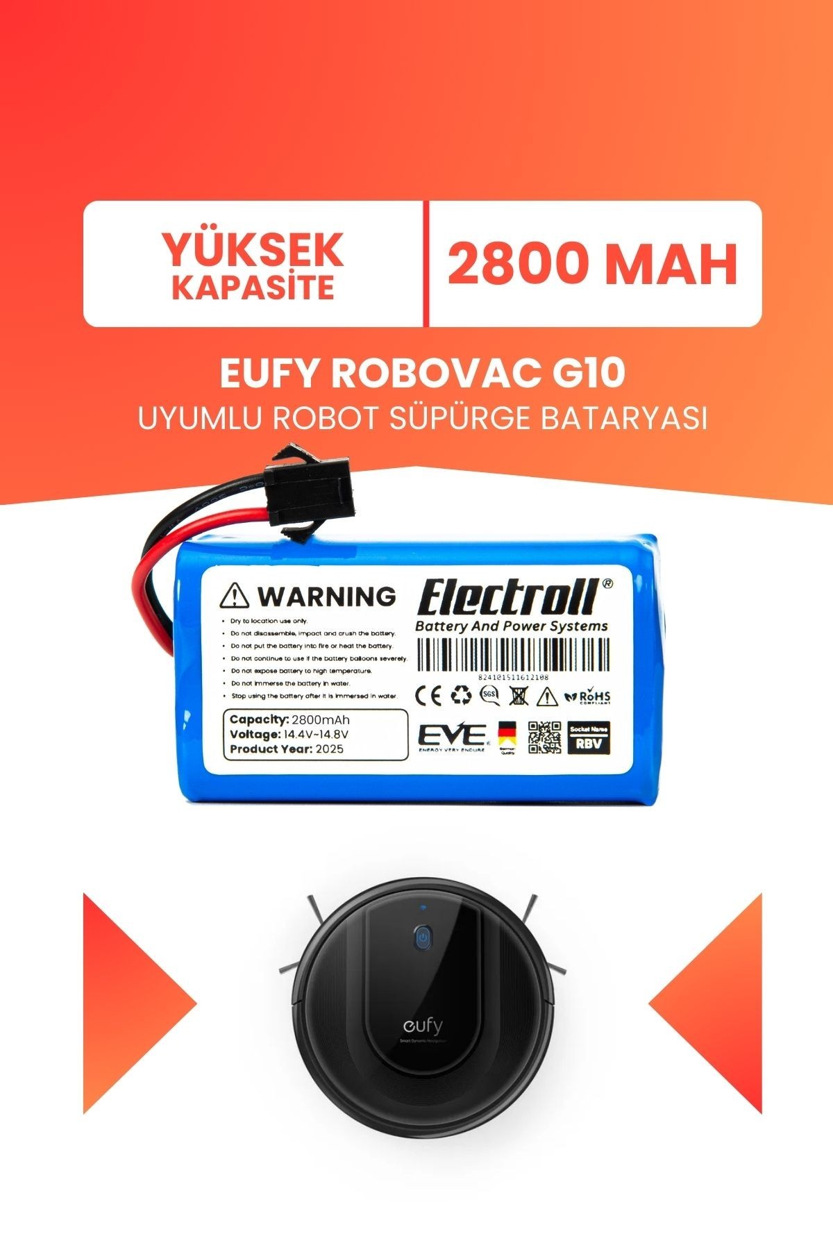 Eufy Robovac G10 Uyumlu Batarya (YÜKSEK KAPASİTE) 2800mah Pil Robot Süpürge Batarya Değişimi