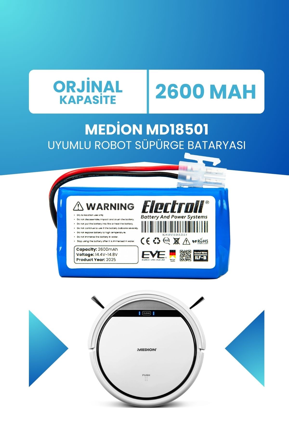 Medion MD18501 Uyumlu Batarya (ORJİNAL KAPASİTE) 2600mah Pil Robot Süpürge Batarya Değişimi