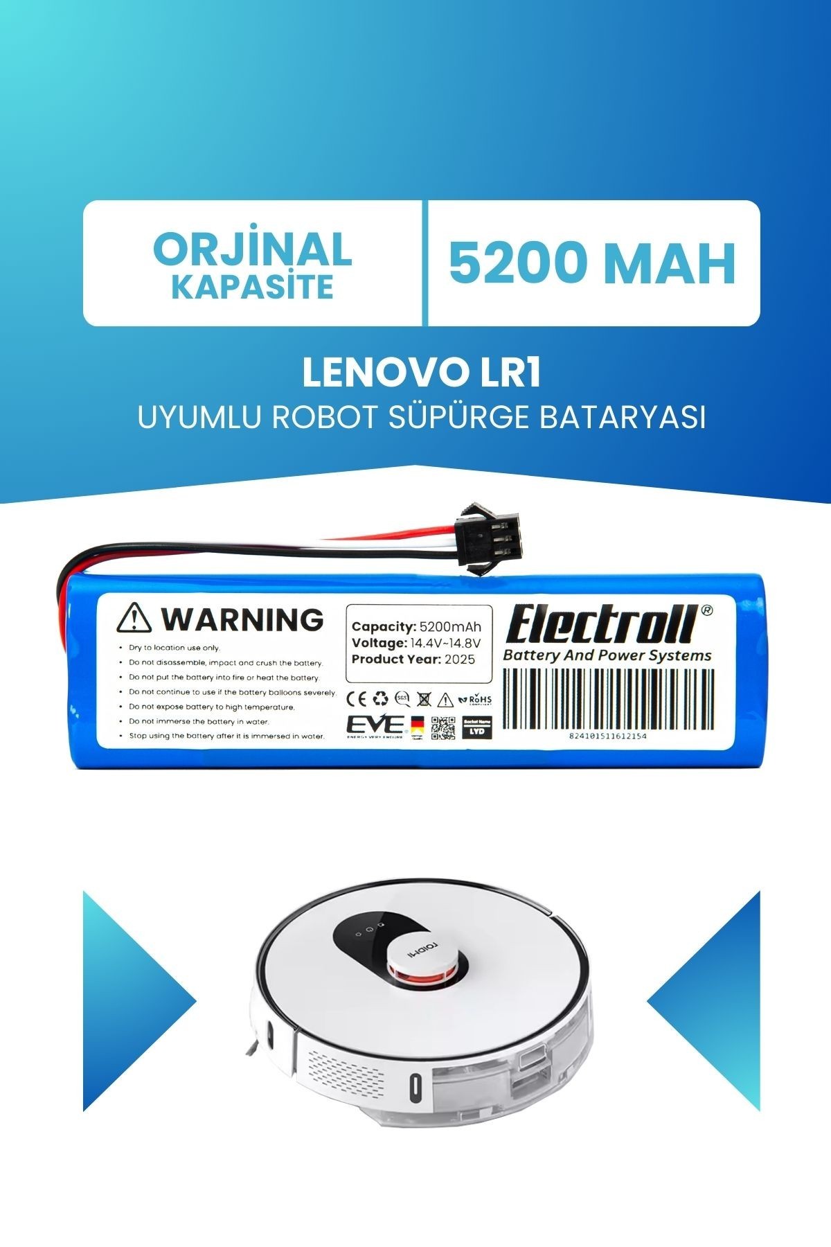 Lenovo Lr1 Uyumlu Batarya (ORJİNAL KAPASİTE) 5200mah Pil Robot Süpürge Bataryası Değişimi
