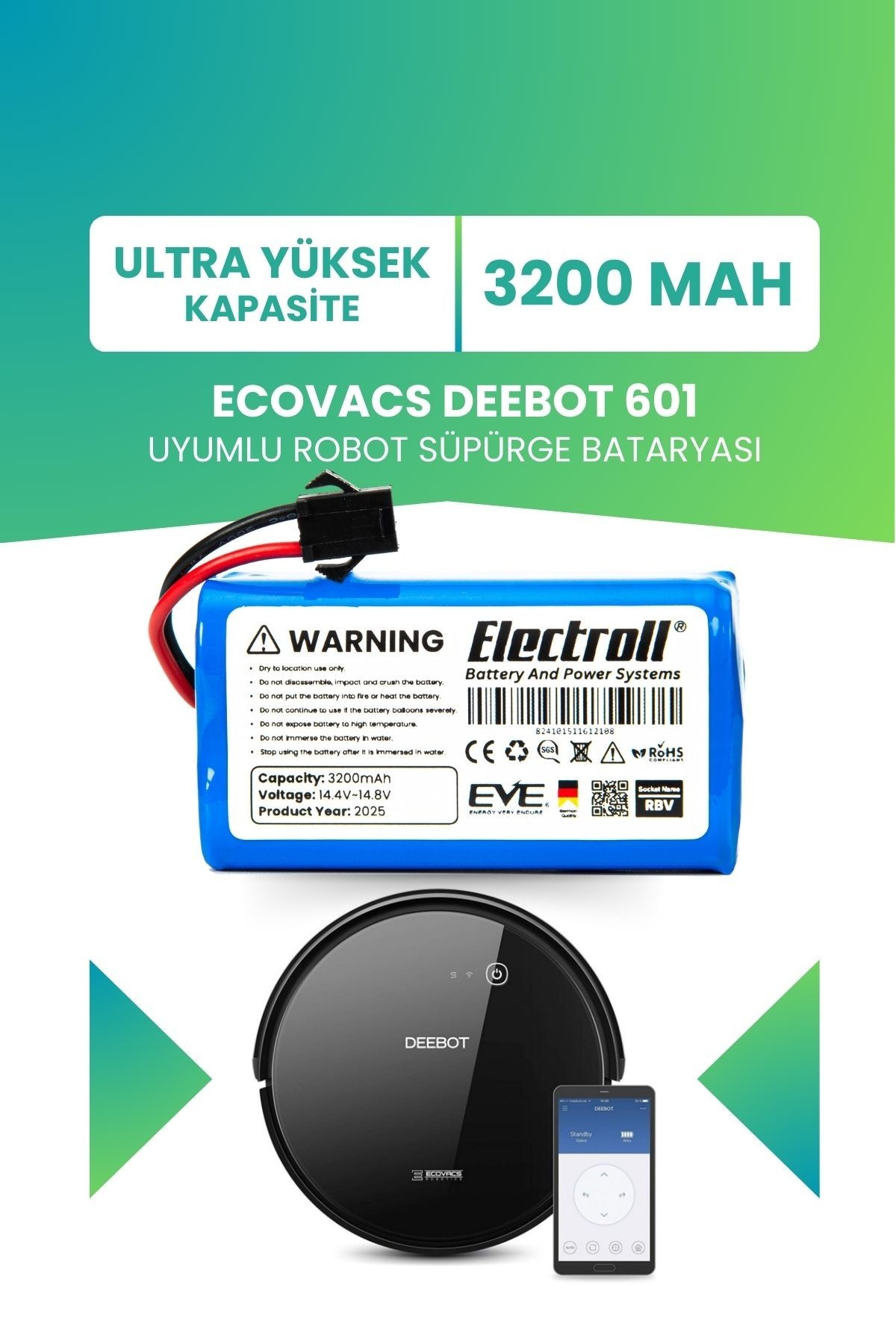 Ecovacs Deebot 601 Uyumlu Batarya (ULTRA YÜKSEK KAPASİTE) 3200mah Pil Robot Süpürge Bataryası