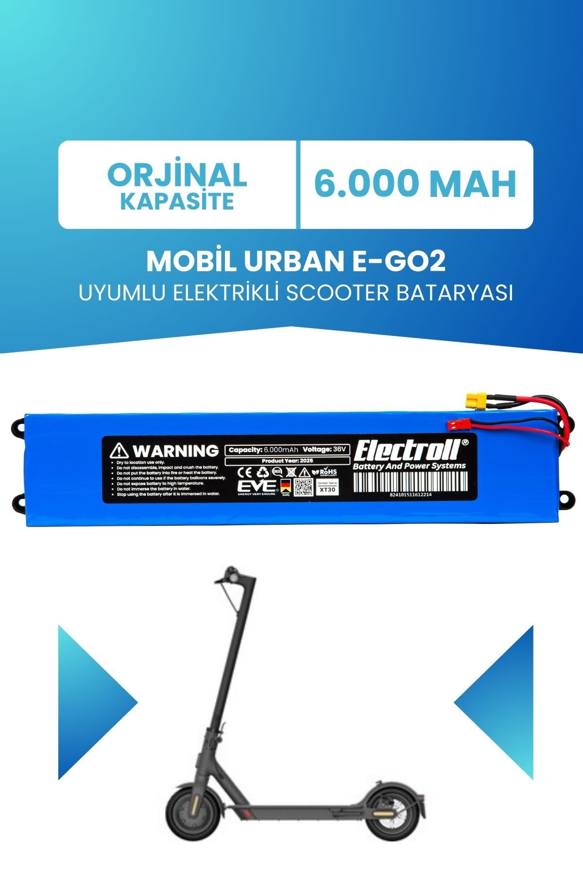 Mobil Urban E-go2 Batarya (ORJİNAL KAPASİTE) 36v 6.000mah Pil Elektrikli Scooter Bataryası Değişimi