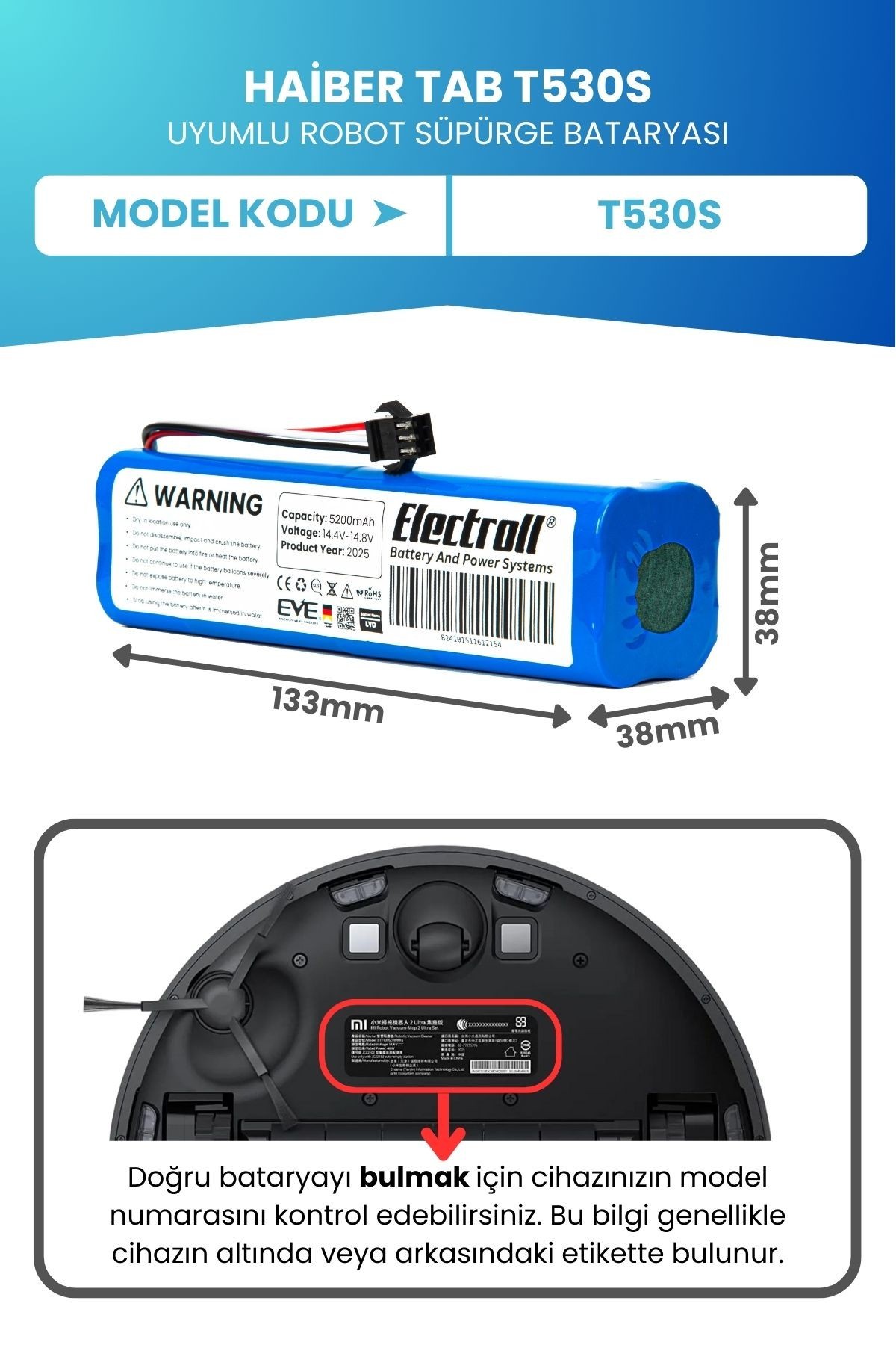 Haiber Tab T530s Uyumlu Batarya (ORJİNAL KAPASİTE) 5200mah Pil Robot Süpürge Bataryası Değişimi