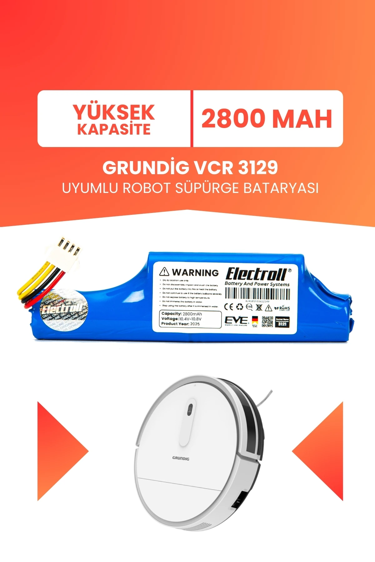 Grundig Vcr 3129 Uyumlu Batarya (YÜKSEK KAPASİTE) 2800mah Pil Robot Süpürge Bataryası