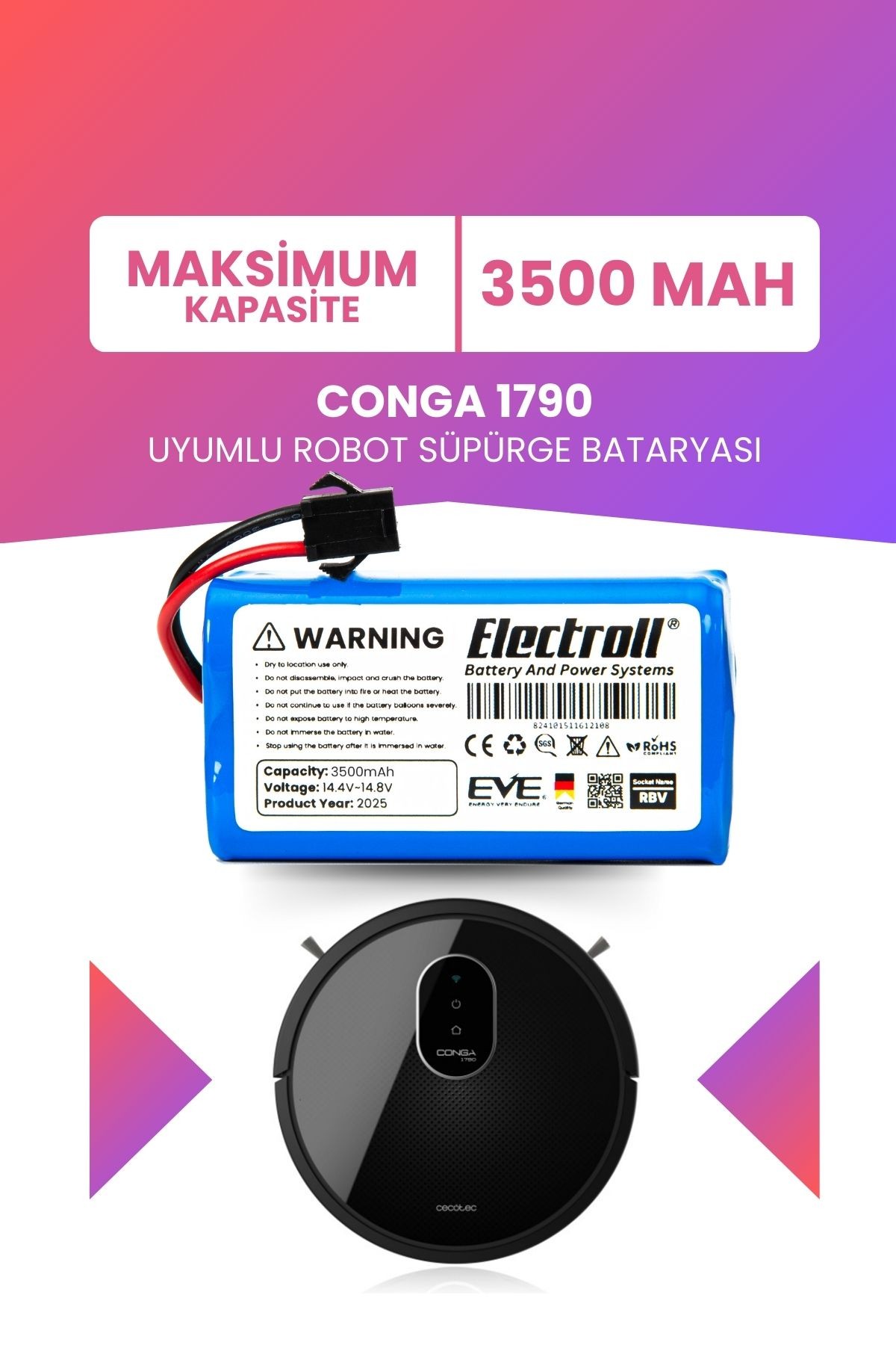 Conga 1790 Uyumlu Batarya (MAKSİMUM KAPASİTE) 3500mah Pil Akıllı Robot Süpürge Bataryası