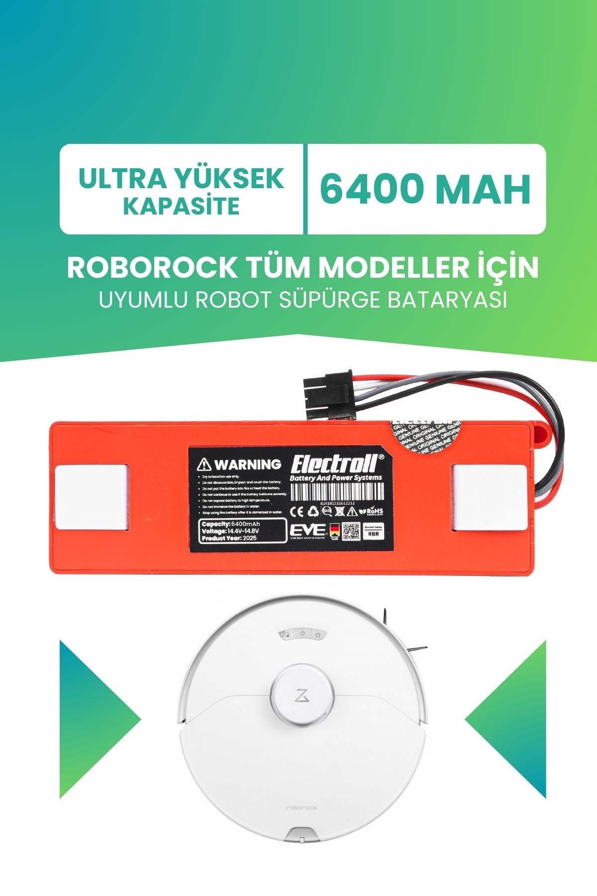 Roborock Tüm Modeller Için Uyumlu Batarya (ULTRA YÜKSEK KAPASİTE) 6400mah Robot Süpürge Pili