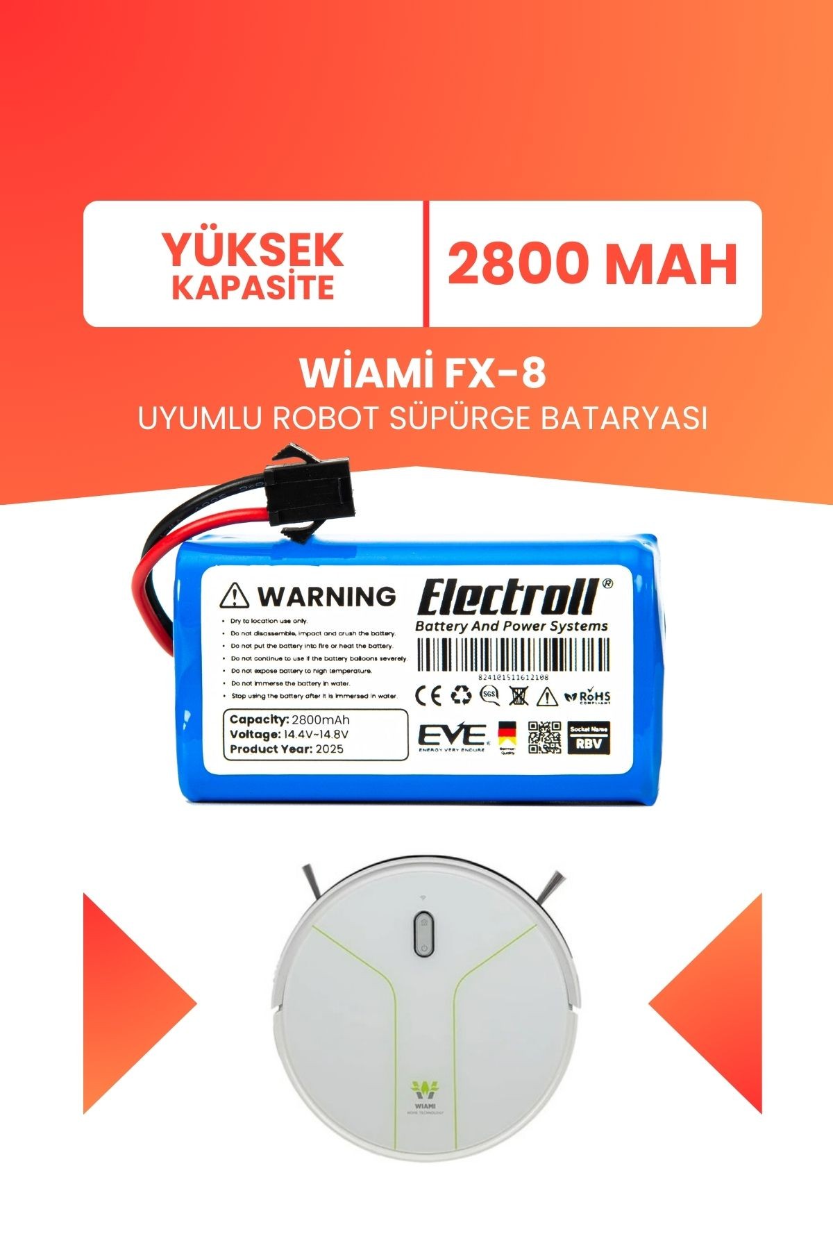 WİAMİ FX-8 Uyumlu Batarya (YÜKSEK KAPASİTE) 2800mah Pil Robot Süpürge Batarya Değişimi