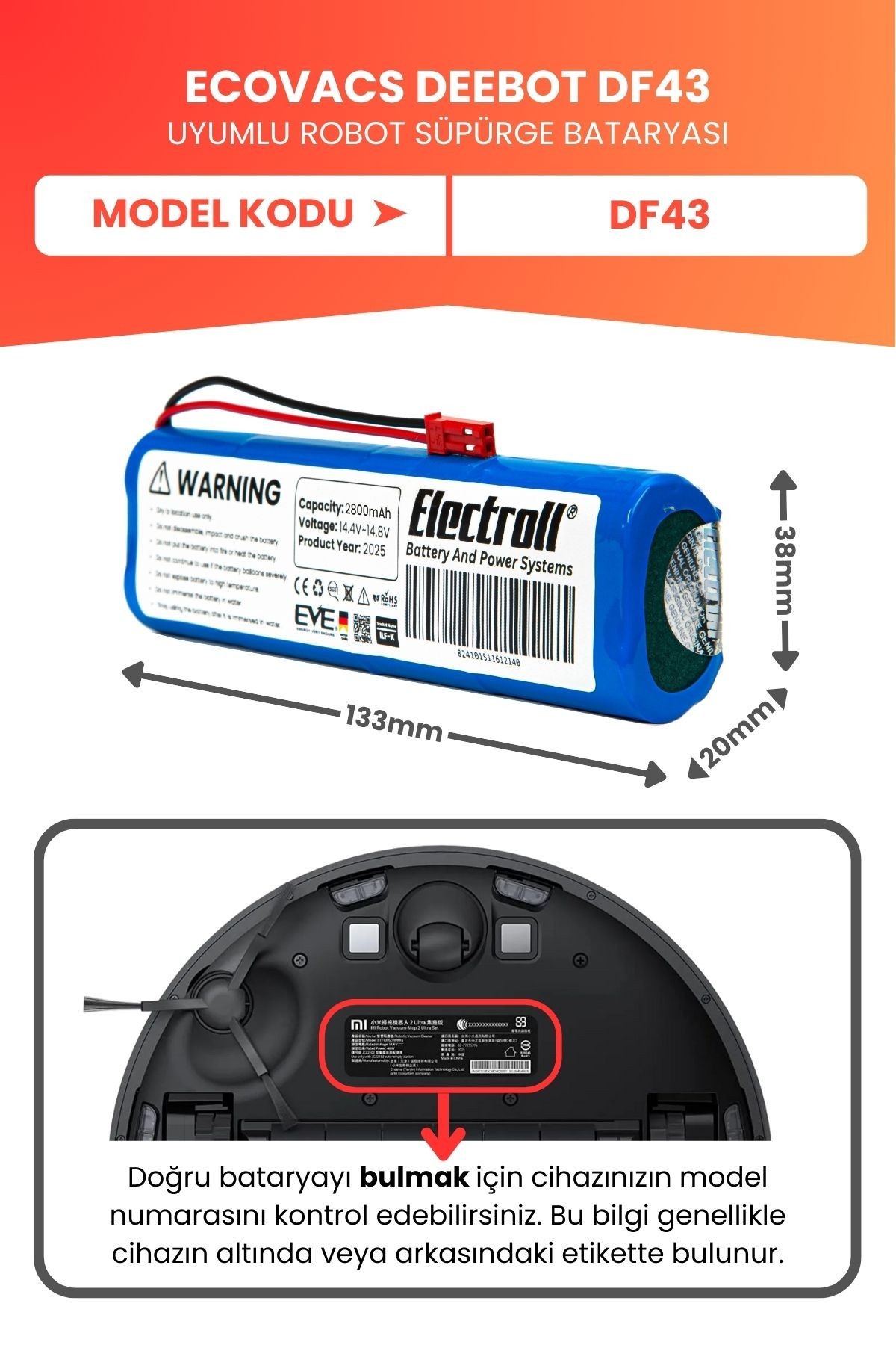 Ecovacs Deebot DF43 Uyumlu Batarya (YÜKSEK KAPASİTE) 2800mah Pil Robot Süpürge Bataryası Değişimi
