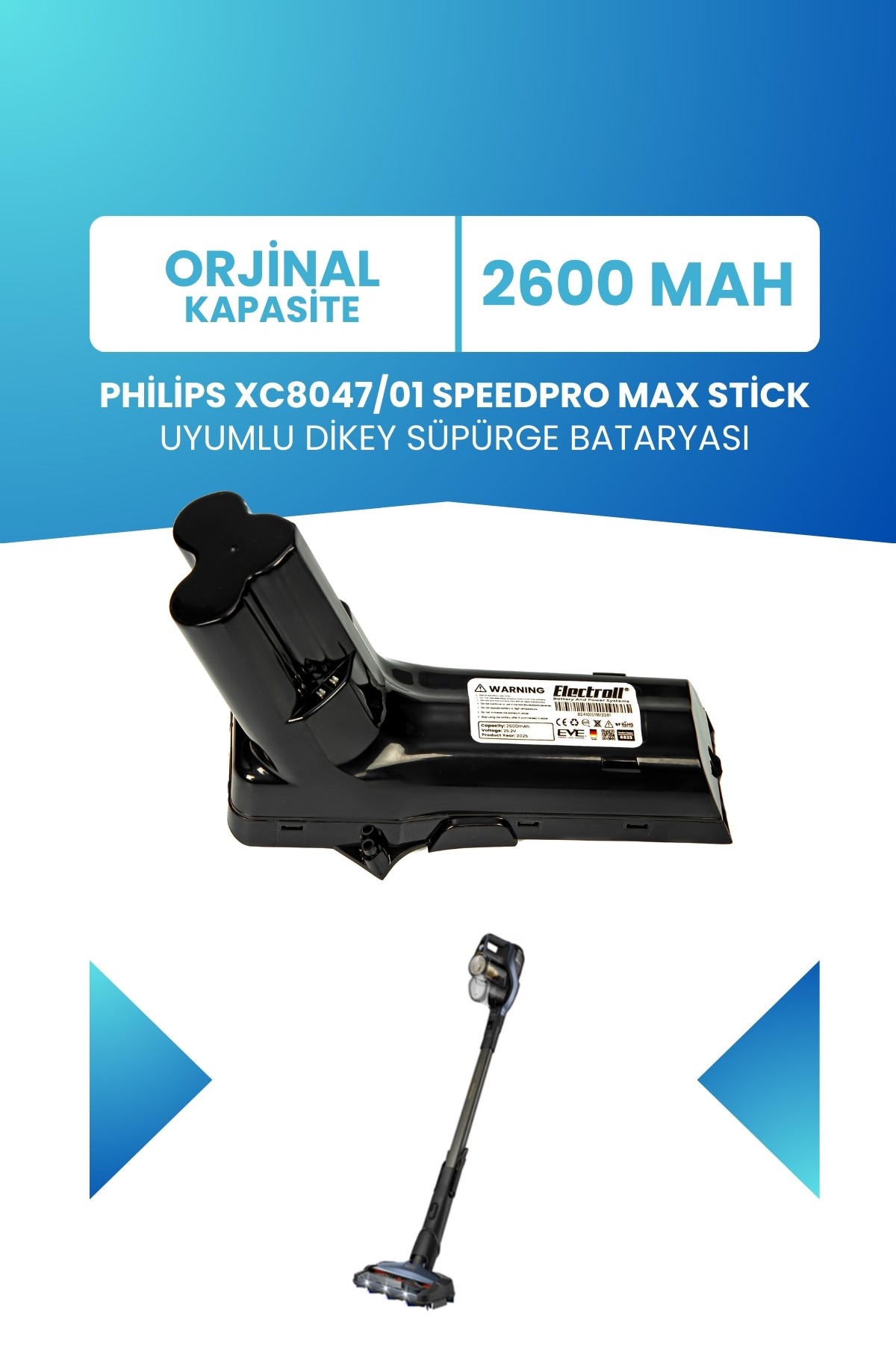 Philips 8000 Serisi XC8047/01 Speedpro Max Stick Uyumlu Batarya 25.2 V 2600mah Dikey Süpürge Bataryası