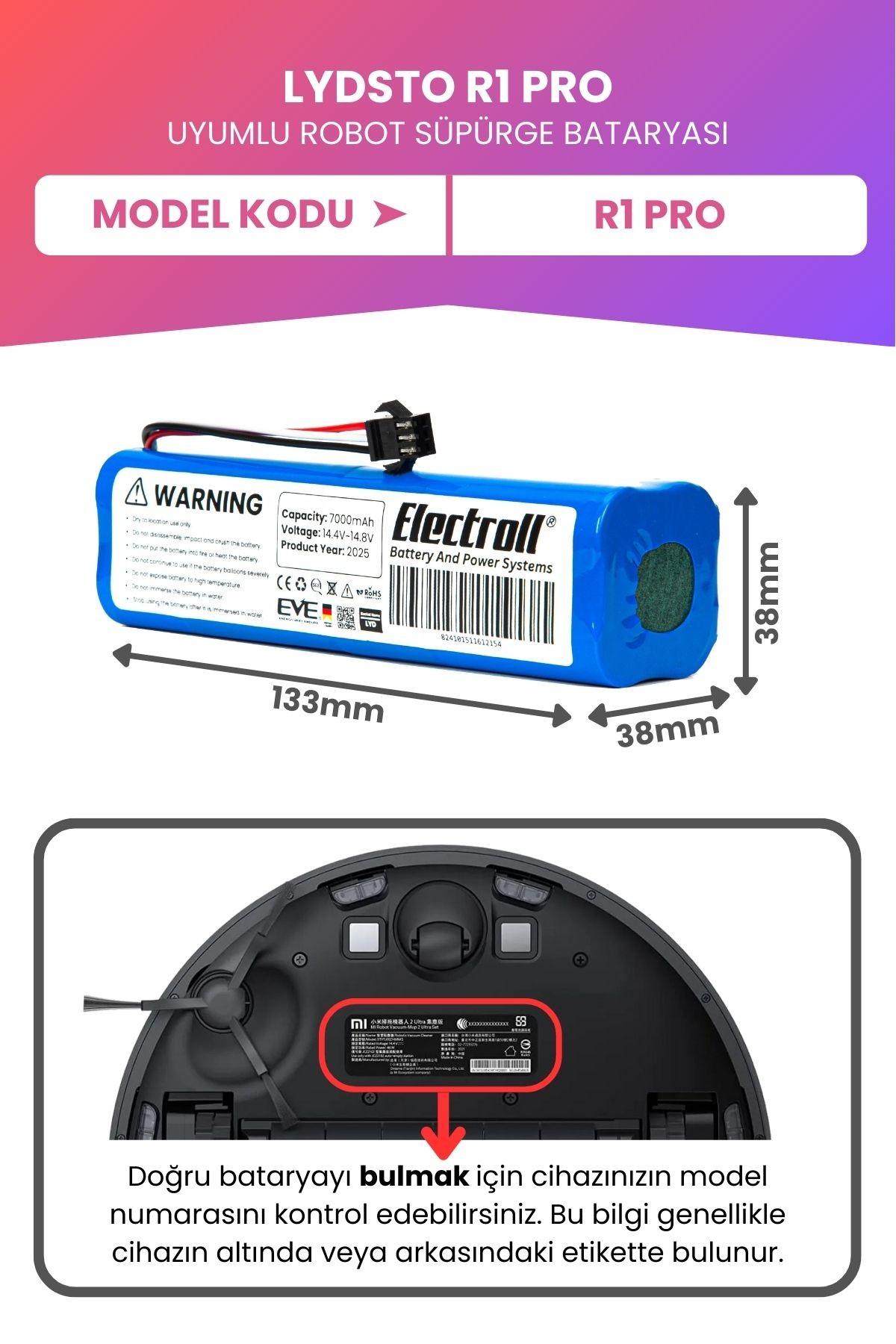 Lydsto R1 Pro Uyumlu Batarya (MAKSİMUM KAPASİTE) 7000mah Pil Robot Süpürge Bataryası Değişimi