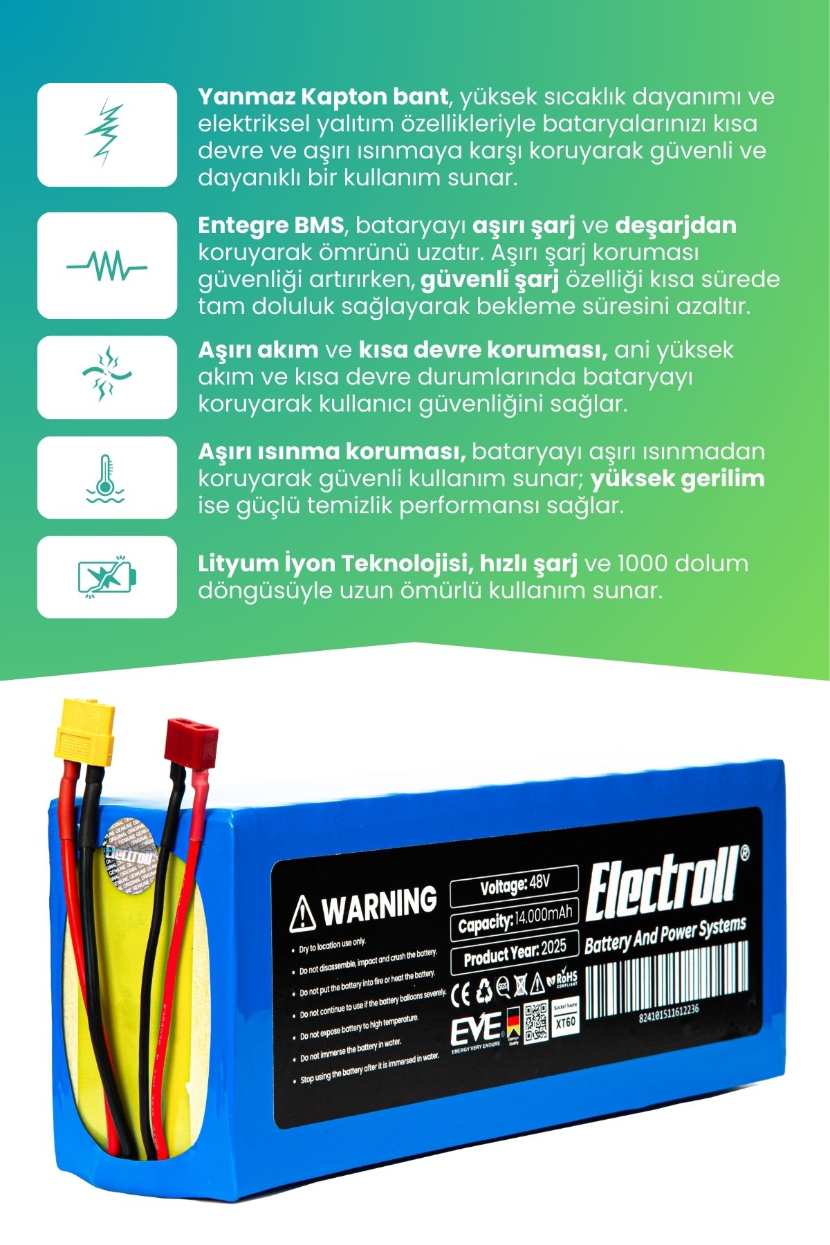 ONVO OV-110 Batarya (Ultra Yüksek Kapasite) Batarya 48v 14ah Pil Elektrikli Scooter Bataryası