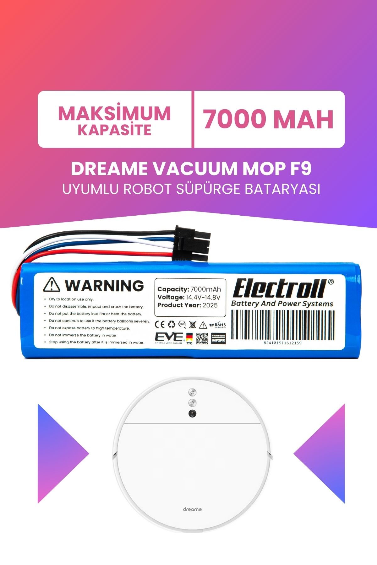 Dreame Vacuum Mop F9 Uyumlu Batarya (MAKSİMUM KAPASİTE) 7000mah Robot Süpürge Bataryası Değişimi