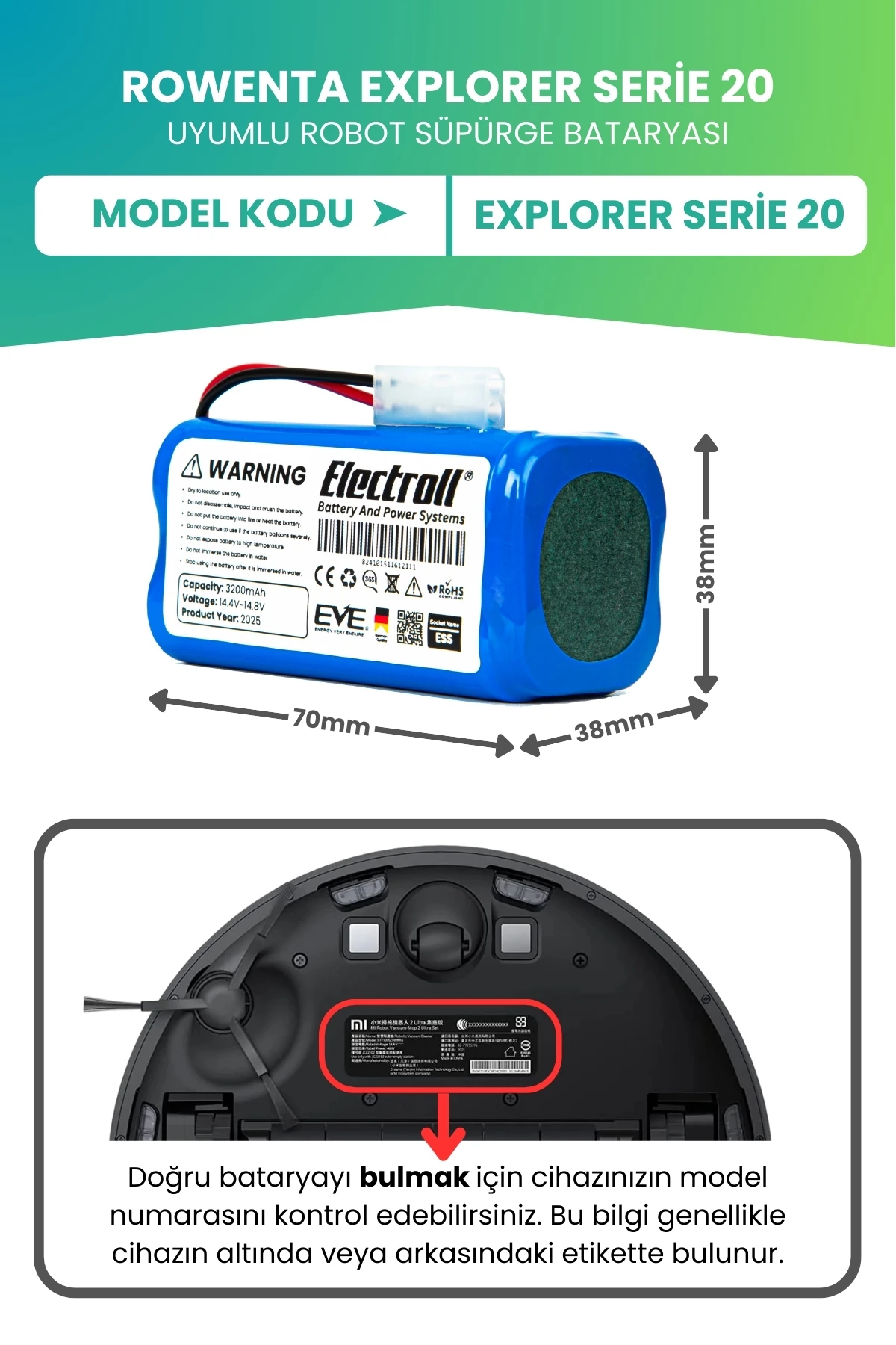 Rowenta Explorer Serie 20 Uyumlu Batarya (ULTRA YÜKSEK KAPASİTE) 3200mah Pil Robot Süpürge Bataryası