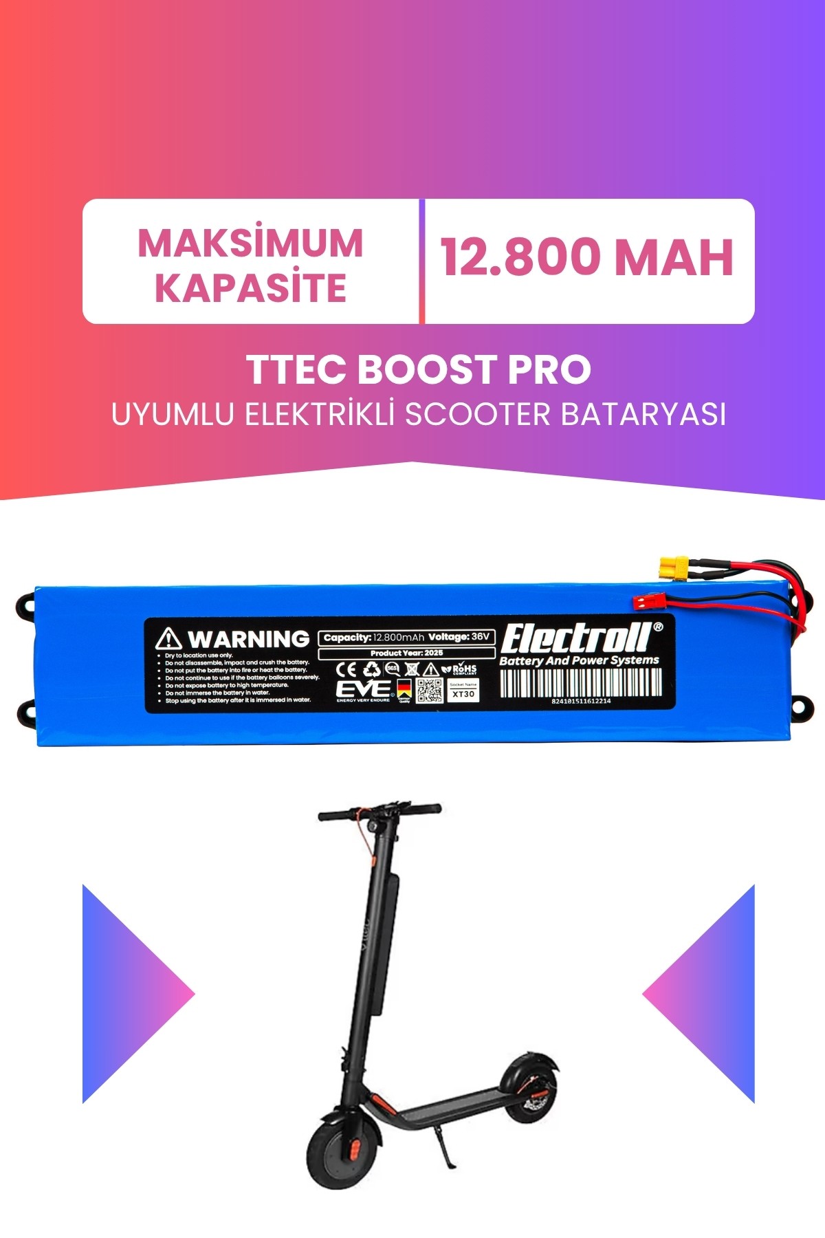 Ttec Boost Pro Uyumlu Batarya (Maksimum Kapasite) 36v 12.800Mah Elektrikli Scooter Bataryası