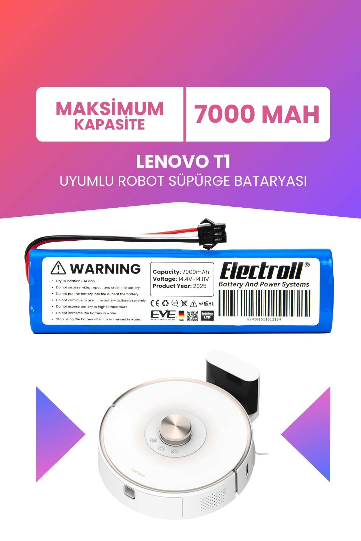 Lenovo T1 Uyumlu Batarya (MAKSİMUM KAPASİTE) 7000mah Pil Robot Süpürge Bataryası Değişimi