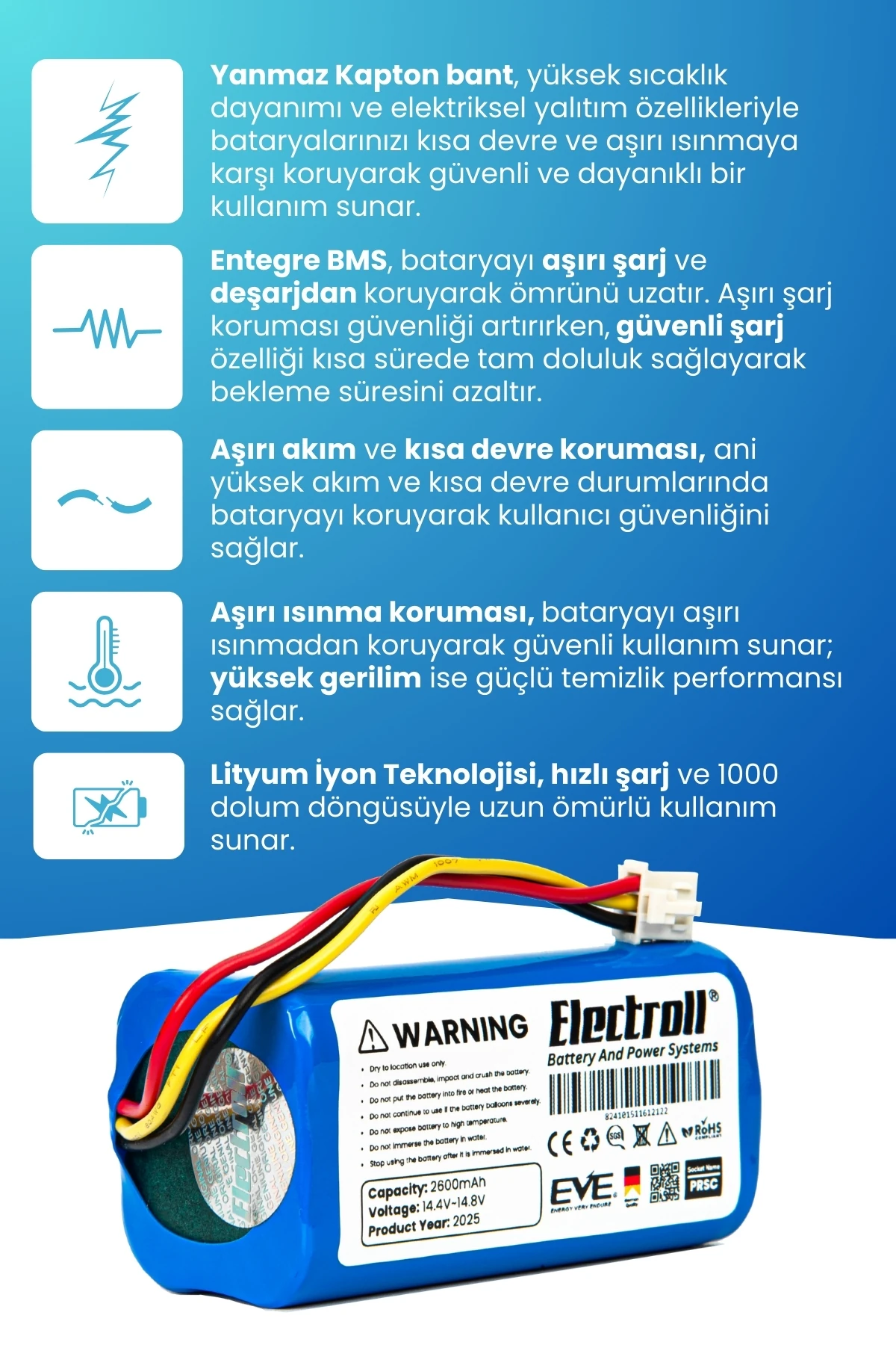 Homend Alex Laser 1282h Robot Süpürge Bataryası (ORJİNAL KAPASİTE) 2600mah Robot Süpürge Pil