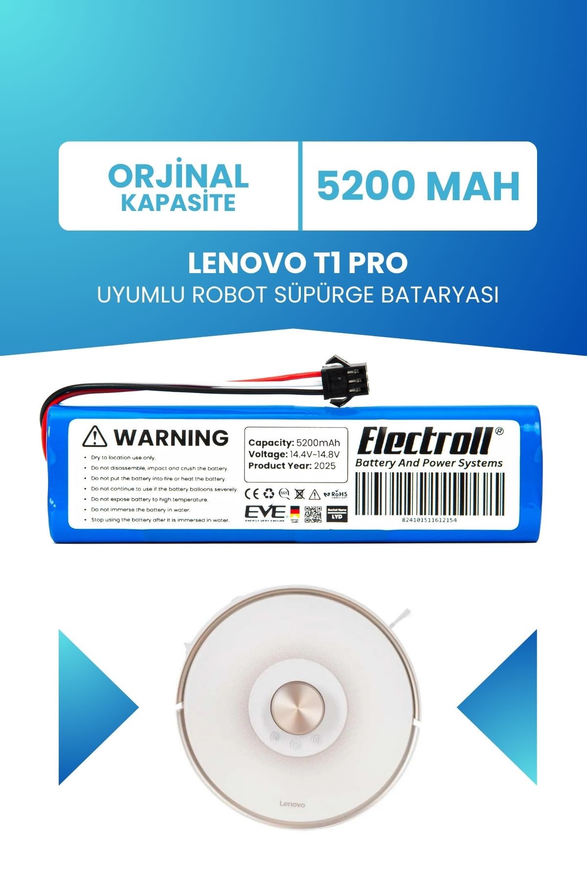 Lenovo T1 Pro Uyumlu Batarya (ORJİNAL KAPASİTE) 5200mah Pil Robot Süpürge Bataryası Değişimi