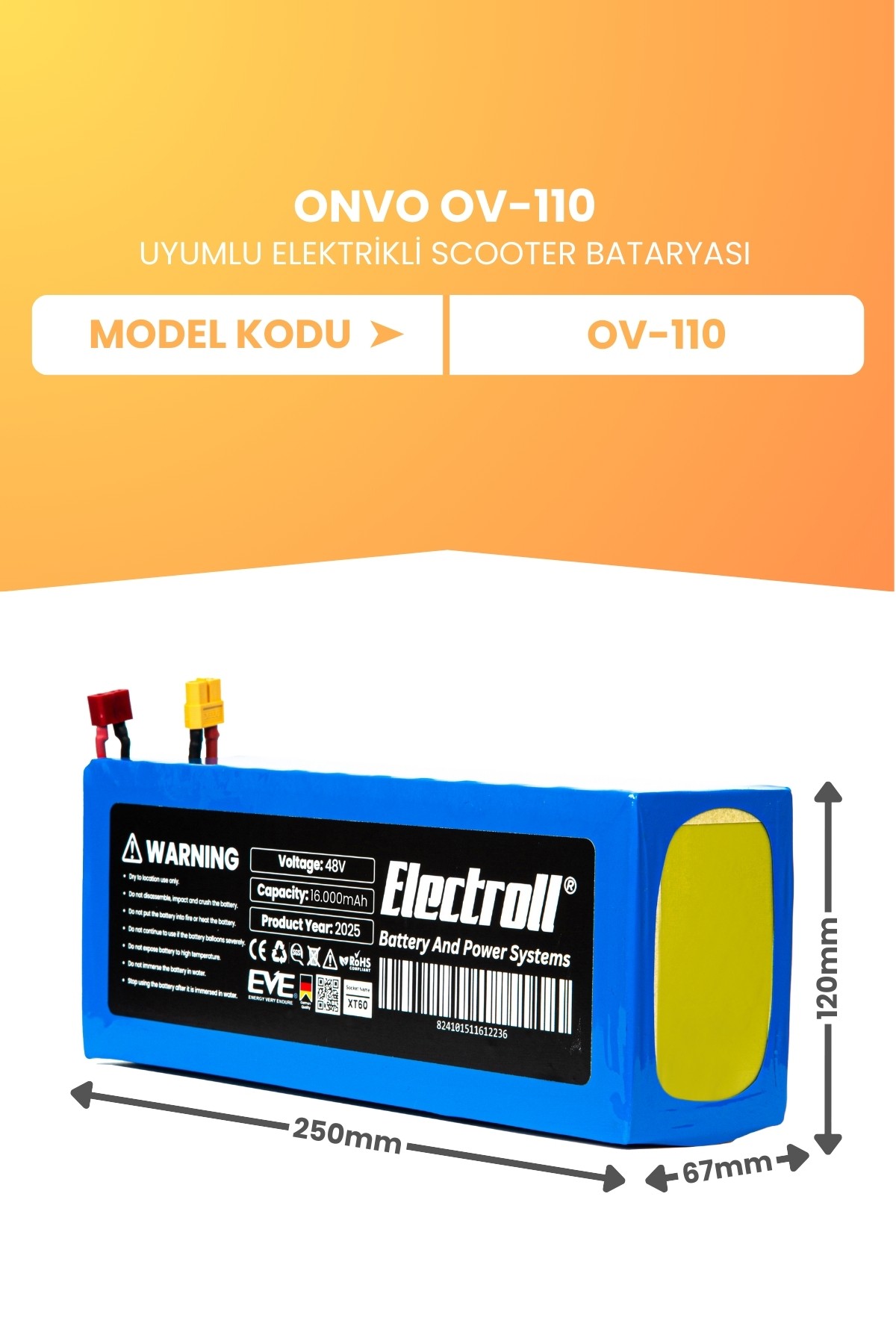 ONVO OV-110 Batarya (Mega Kapasite) Batarya 48v 16ah Pil Elektrikli Scooter Bataryası