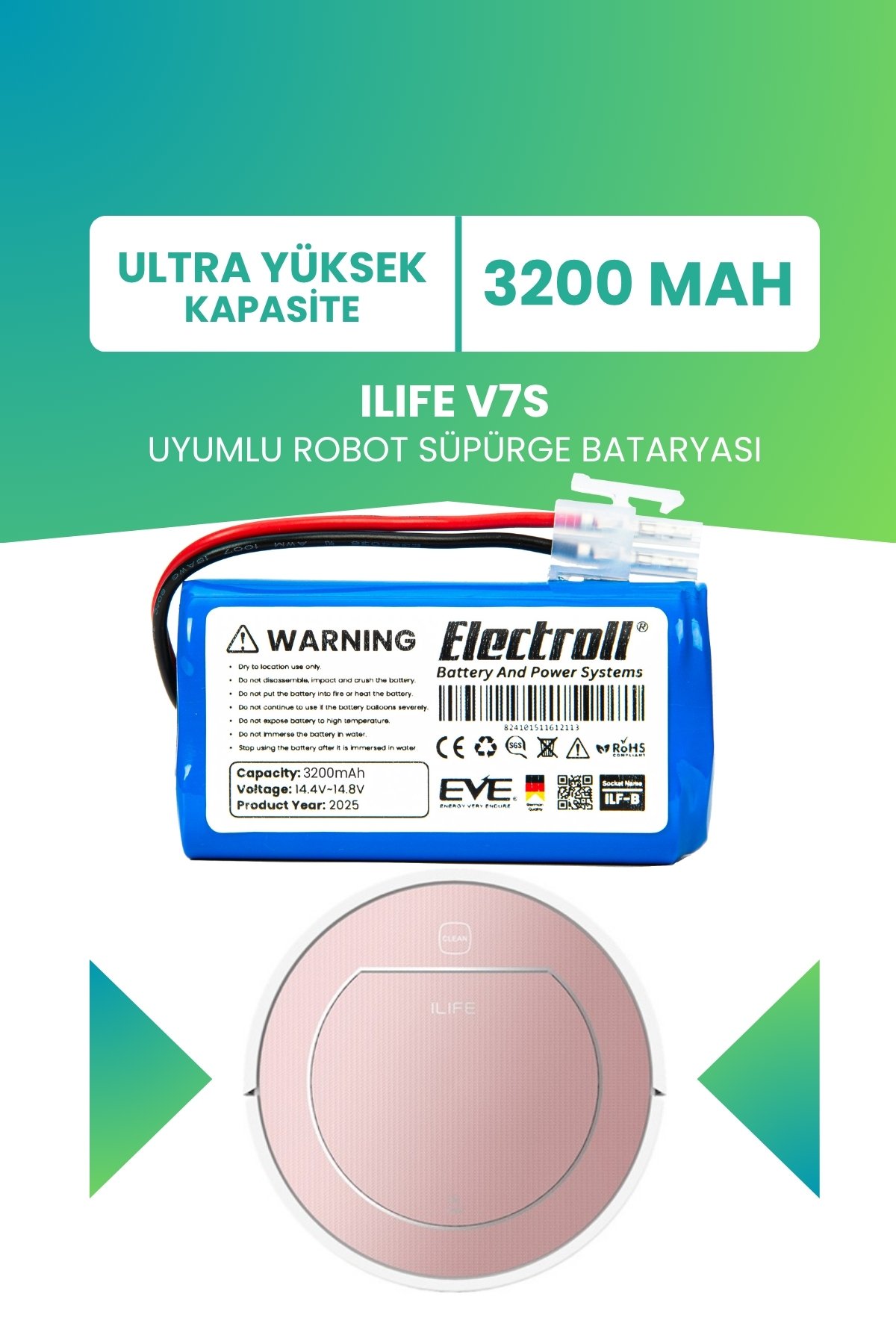 Ilıfe V7s Uyumlu Batarya (ULTRA YÜKSEK KAPASİTE) 3200mah Pil Robot Süpürge Bataryası