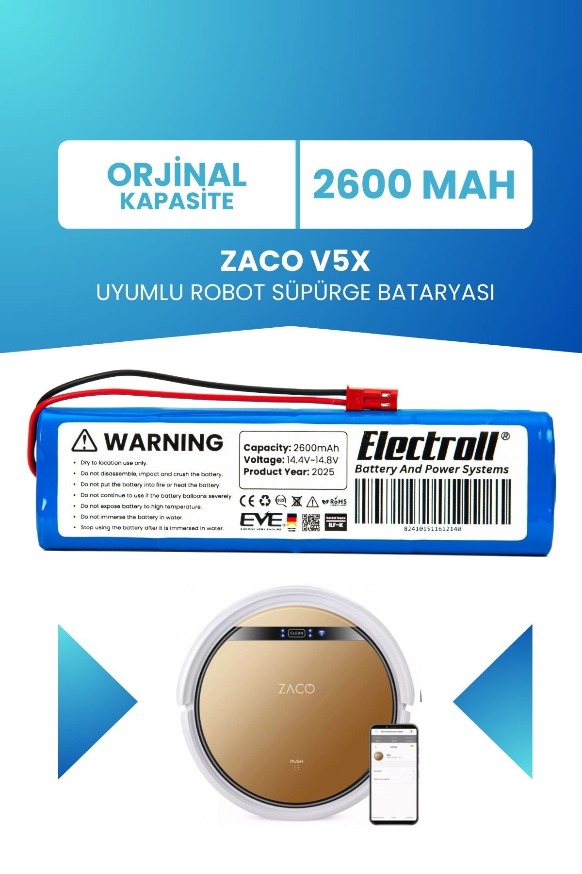 Zaco V5x Uyumlu Batarya (ORJİNAL KAPASİTE) 2600mah Pil Robot Süpürge Bataryası Değişimi