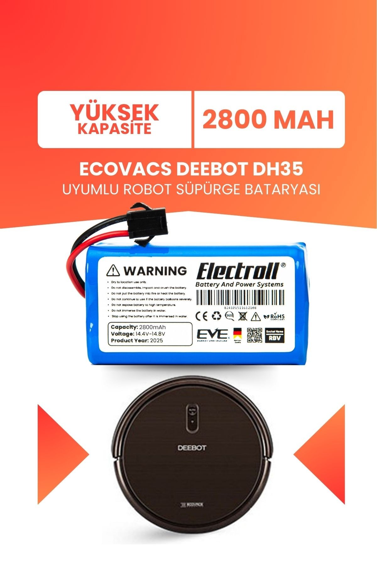 Ecovacs Deebot Dh35 Uyumlu Batarya (YÜKSEK KAPASİTE) 2800mah Pil Robot Süpürge Bataryası