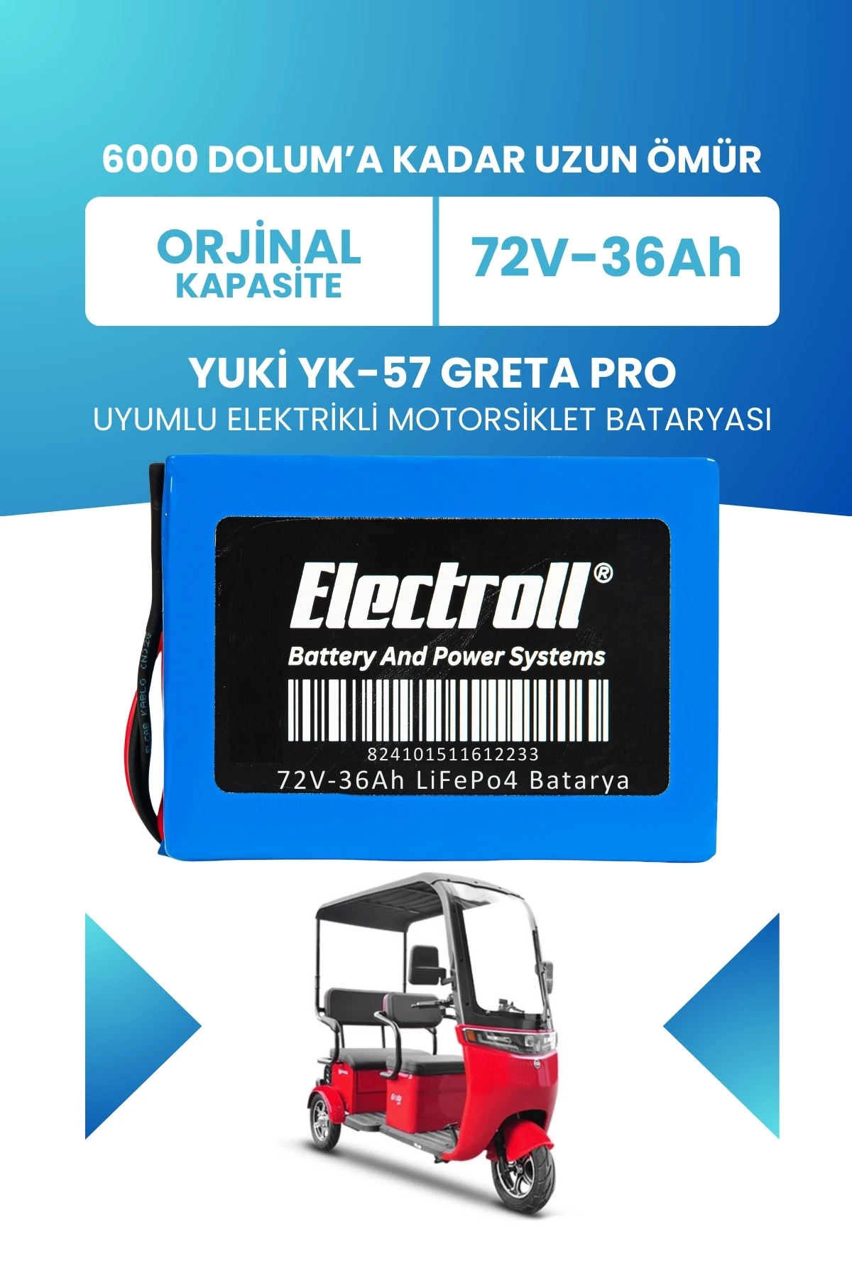 Yuki Yk-57 Greta Pro LiFePO4 Batarya 72V 36Ah Uzun Ömürlü | Electroll