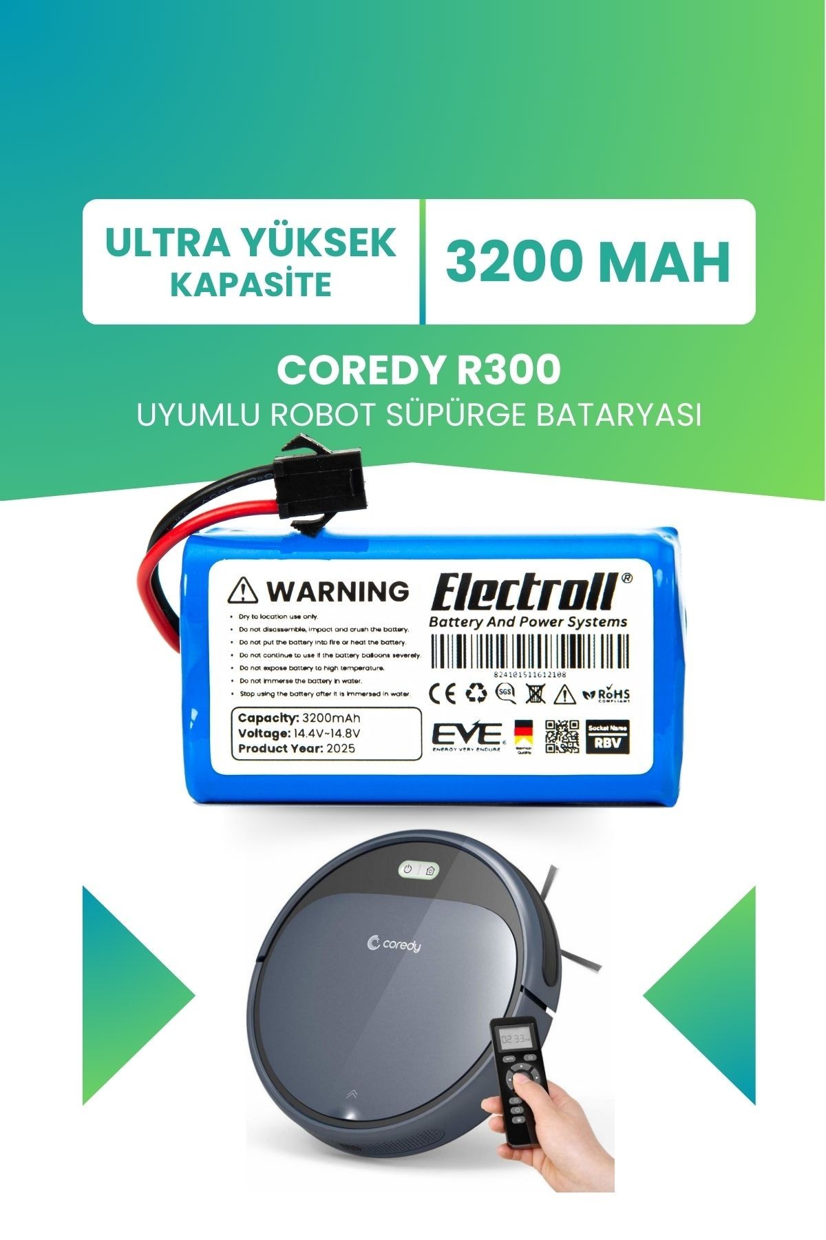 Coredy R300 Uyumlu Batarya (ULTRA YÜKSEK KAPASİTE) 3200mah Pil Akıllı Robot Süpürge Bataryası
