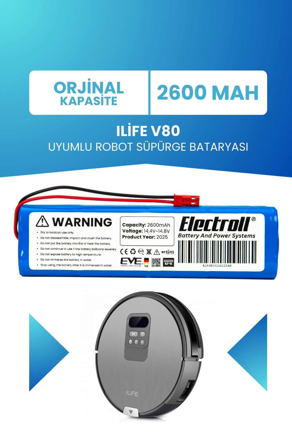 Ilife V80 Uyumlu Batarya (Orjinal Kapasite) 2600MAH Pil Robot Süpürge Batarya Değişimi