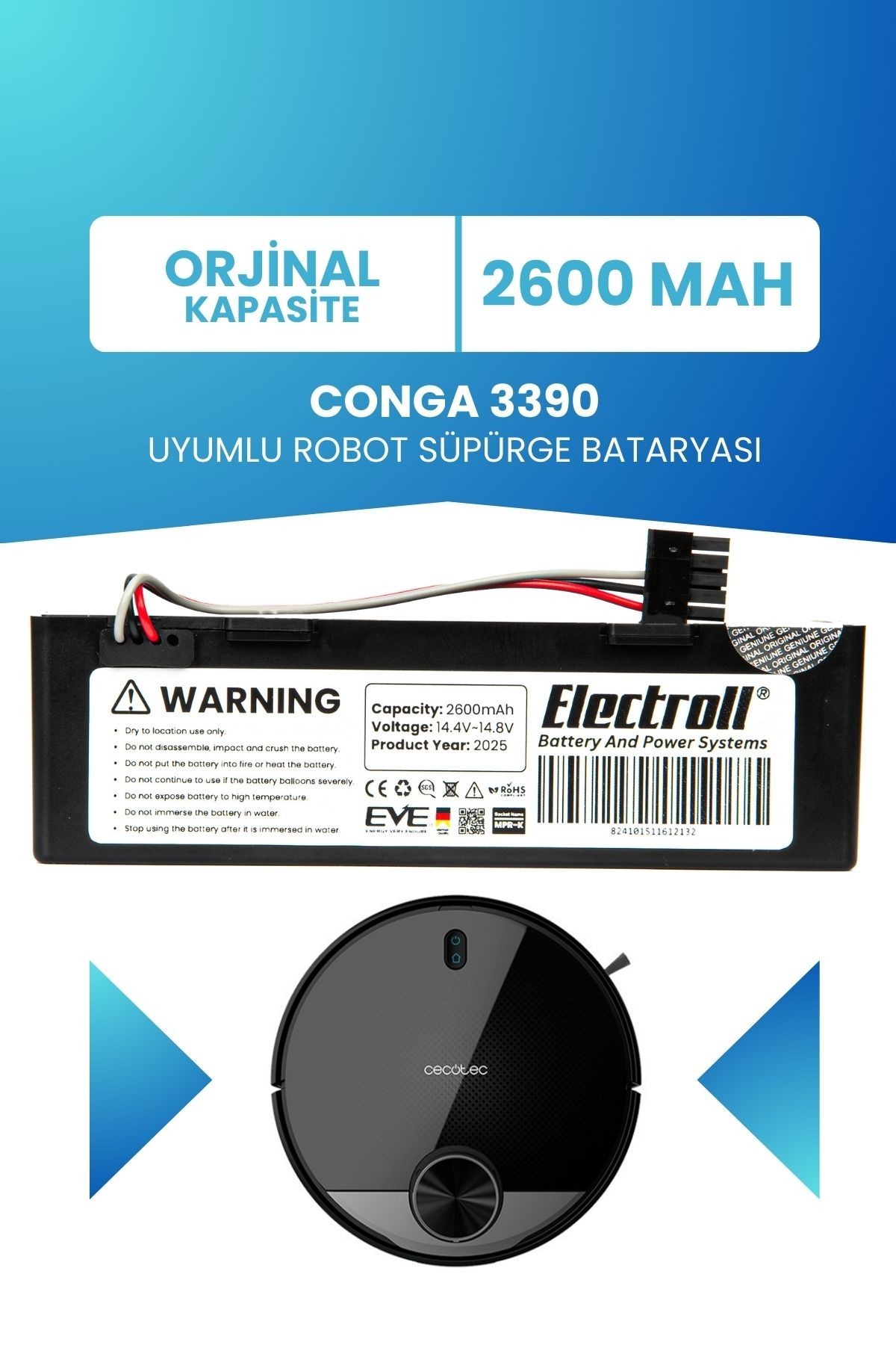 Conga 3390 Uyumlu Batarya (ORJİNAL KAPASİTE) 2600mah Pil Kutulu Robot Süpürge Bataryası Değişimi