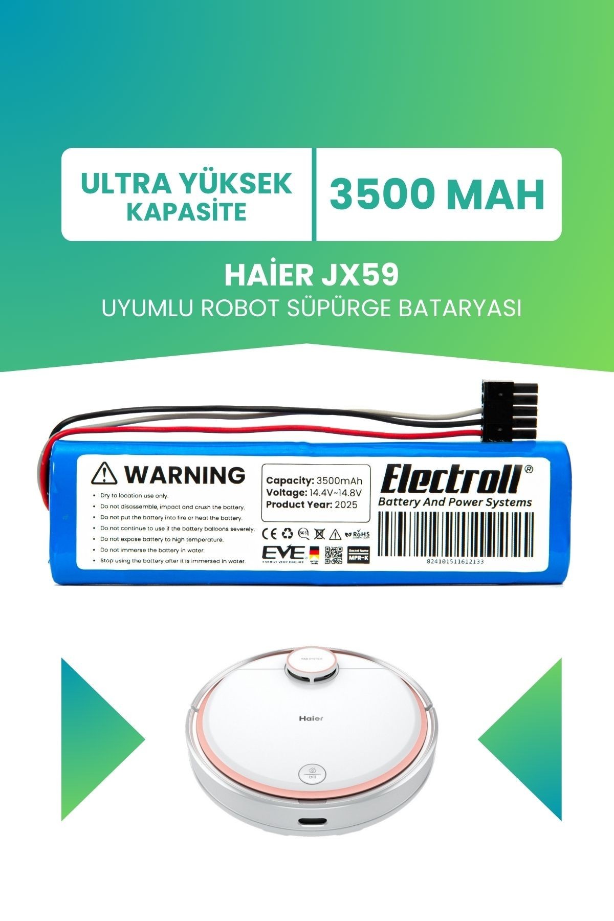 Haier Jx59 Uyumlu Batarya (ULTRA YÜKSEK KAPASİTE) 3500mah Pil Robot Süpürge Bataryası Değişimi