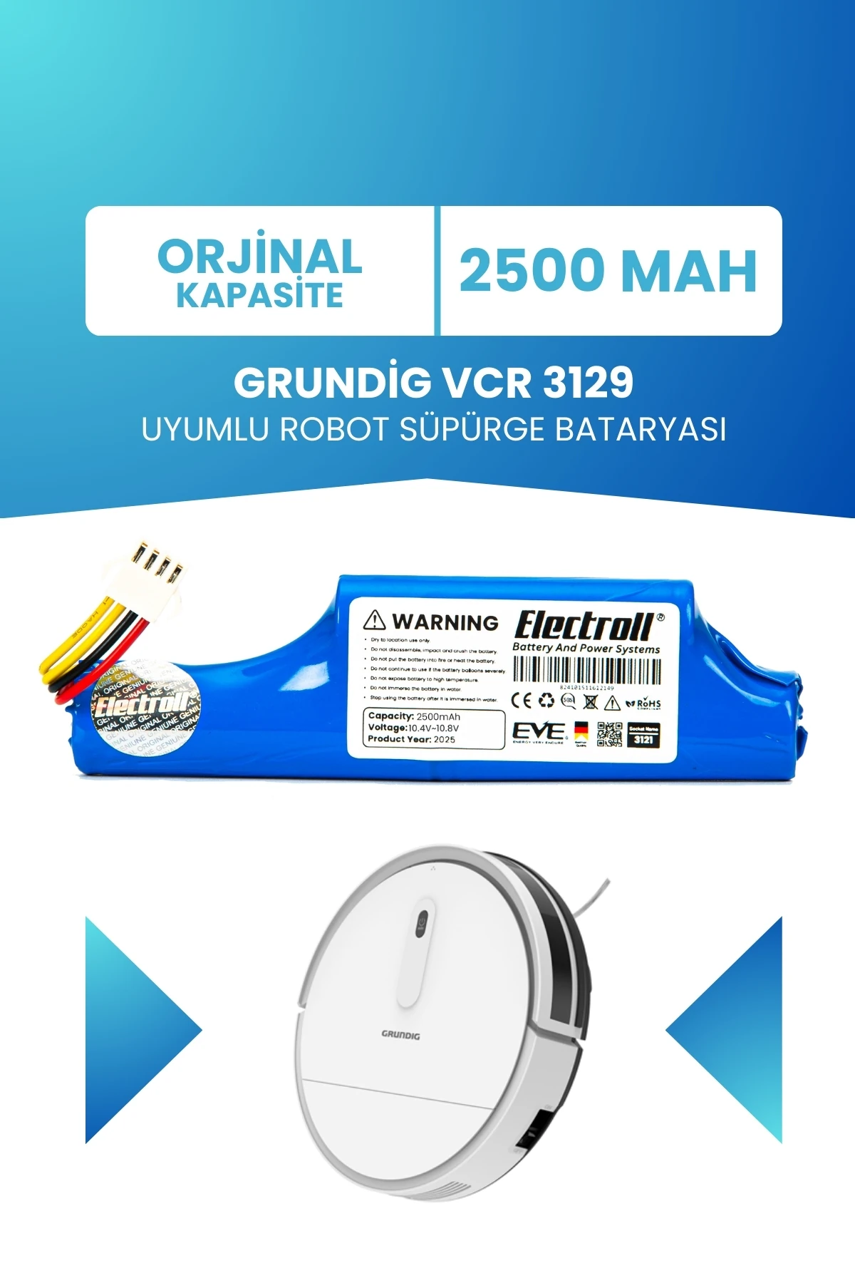 Grundig Vcr 3129 Uyumlu Batarya (STANDART KAPASİTE) 2500mah Pil Robot Süpürge Bataryası