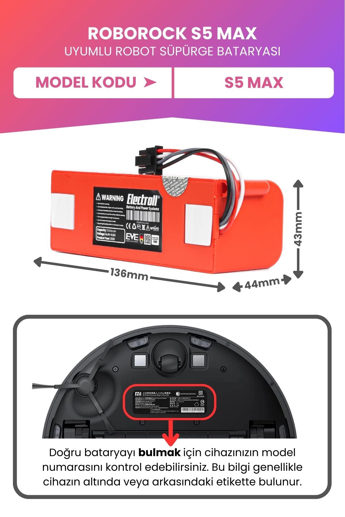 Roborock S5 Max Uyumlu Batarya (MAKSİMUM KAPASİTE) 7000mah Kutulu Robot Süpürge Bataryası Değişimi