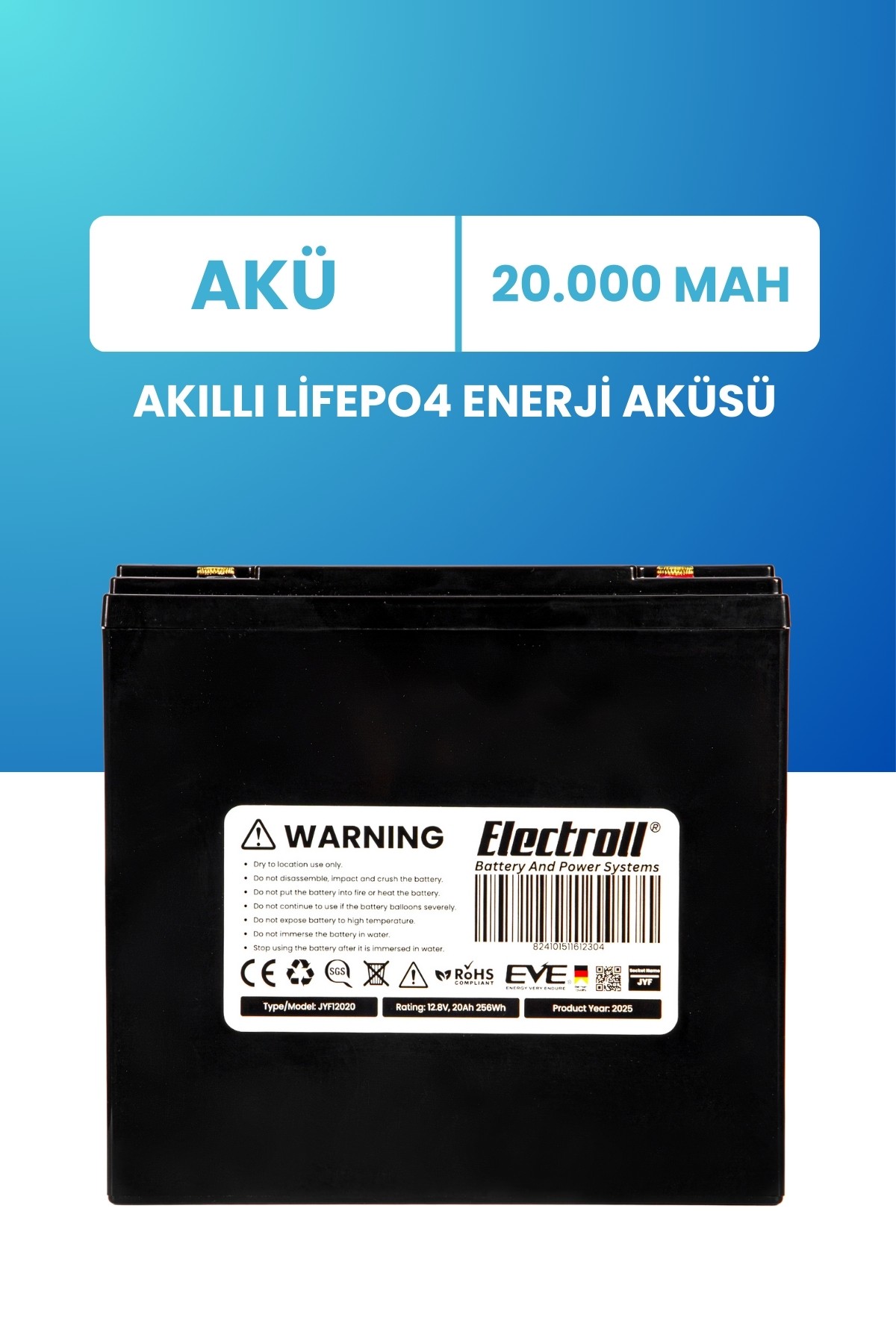 12.8V 20Ah Akıllı LiFePO4 Enerji Aküsü – Gelişmiş BMS'li, Uzun Ömürlü, Yüksek Güvenlikli Güç Deposu